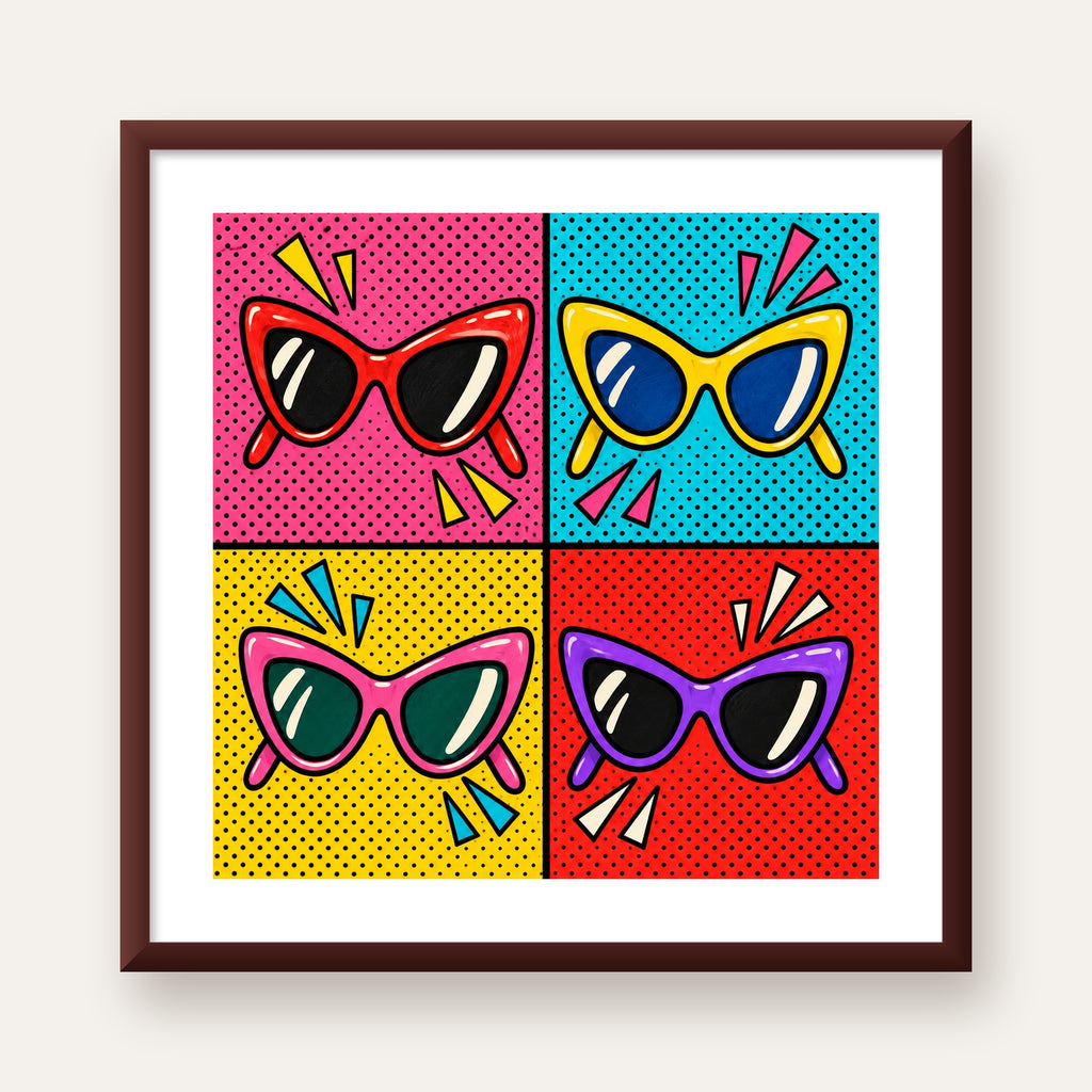 Pop Art Gözlük Desenli Renkli Modern Poster Duvar Tablosu — ceviz çerçeveli paspartulu