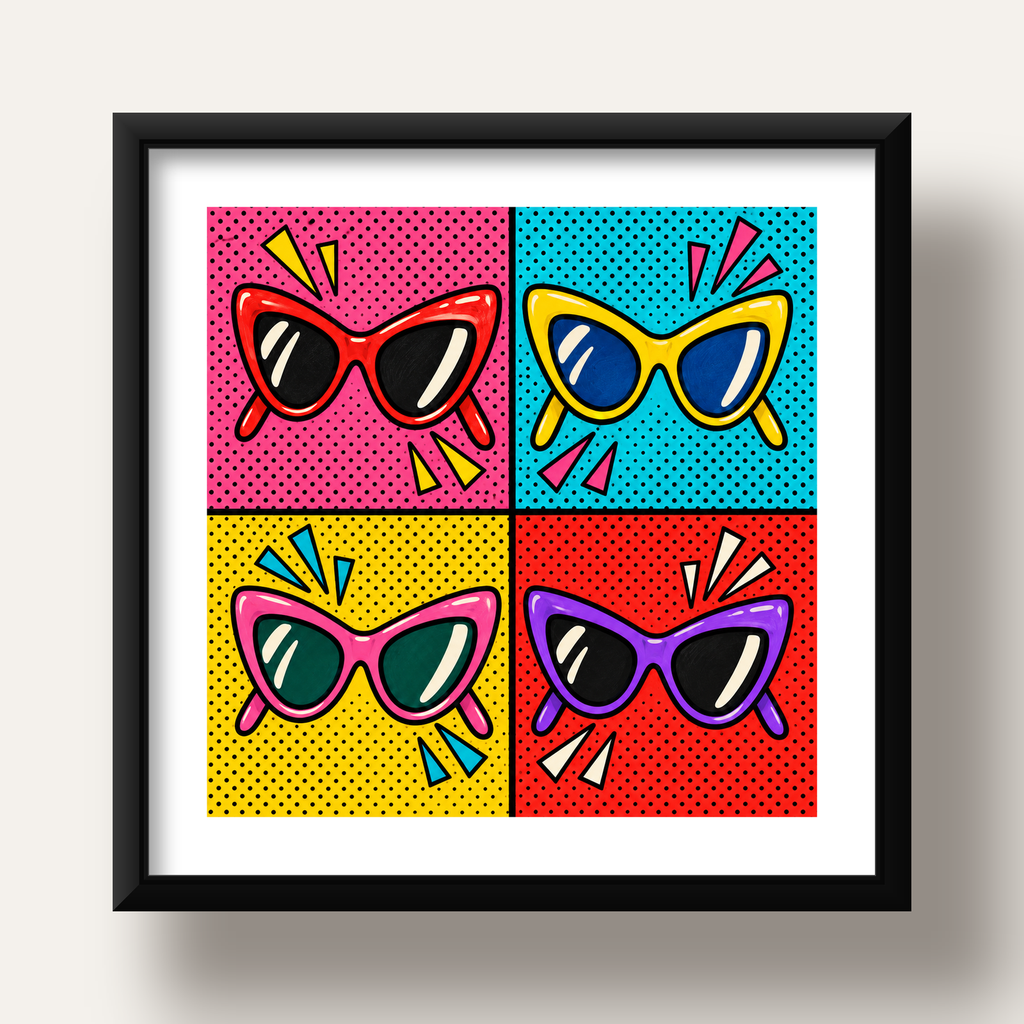 Pop Art Gözlük Desenli Renkli Modern Poster Duvar Tablosu — siyah derin çerçeveli paspartulu