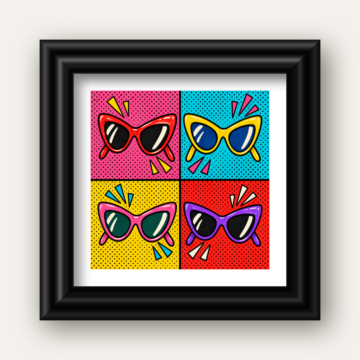 Pop Art Gözlük Desenli Renkli Modern Poster Duvar Tablosu — siyah galeri çerçeveli paspartulu