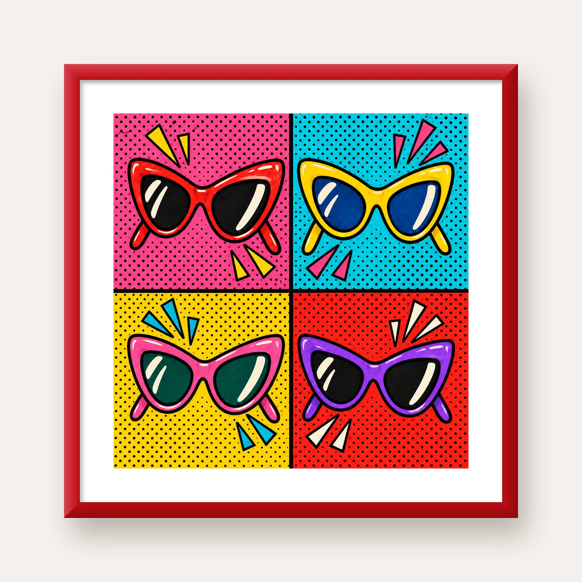 Pop Art Gözlük Desenli Renkli Modern Poster Duvar Tablosu — kırmızı çerçeveli paspartulu