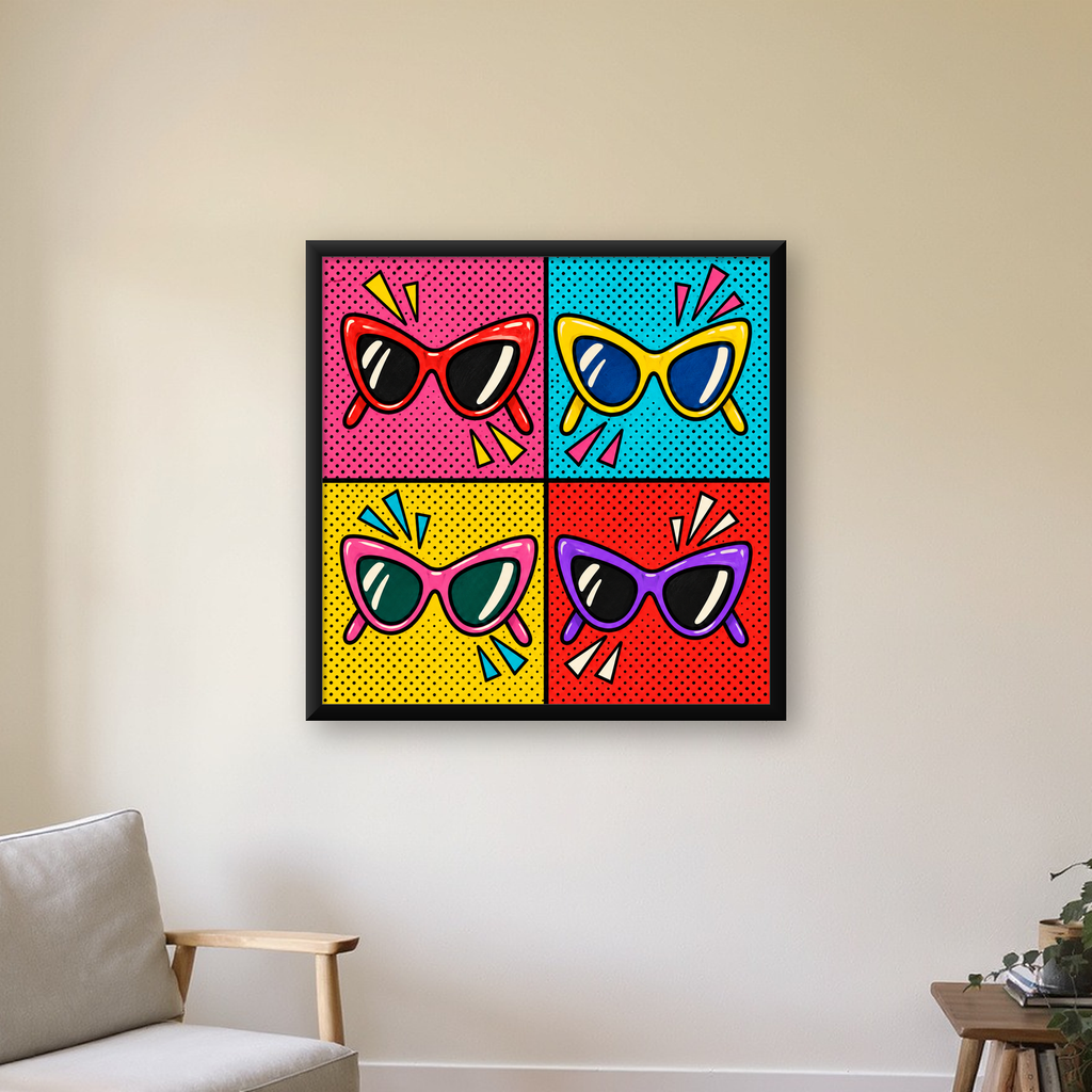 Pop Art Gözlük Desenli Renkli Modern Poster Duvar Tablosu — Kare baskı, çerçeveli hâliyle bir ev duvarında