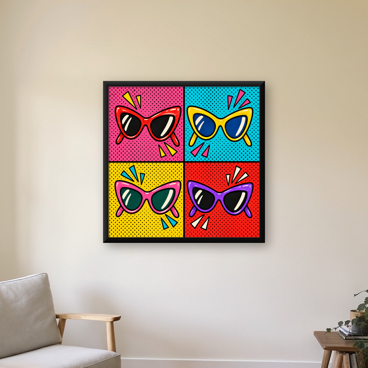 Pop Art Gözlük Desenli Renkli Modern Poster Duvar Tablosu — Kare baskı, çerçeveli hâliyle bir ev duvarında