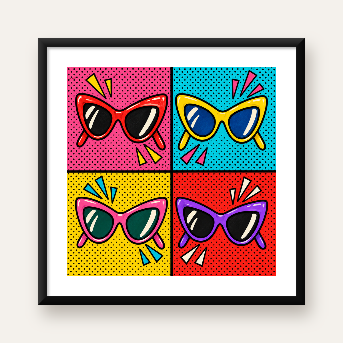 Pop Art Gözlük Desenli Renkli Modern Poster Duvar Tablosu — Kare baskı, beyaz paspartulu
