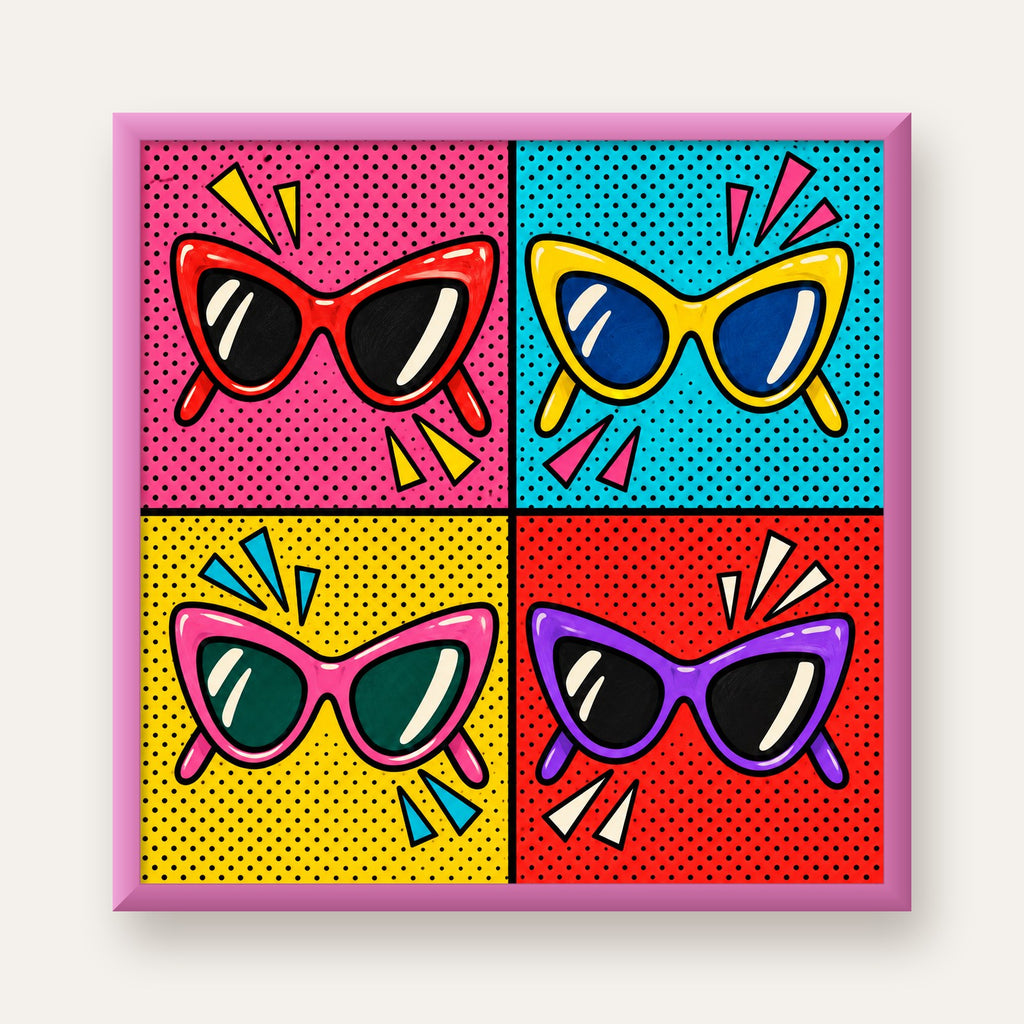 Pop Art Gözlük Desenli Renkli Modern Poster Duvar Tablosu — pembe çerçeveli