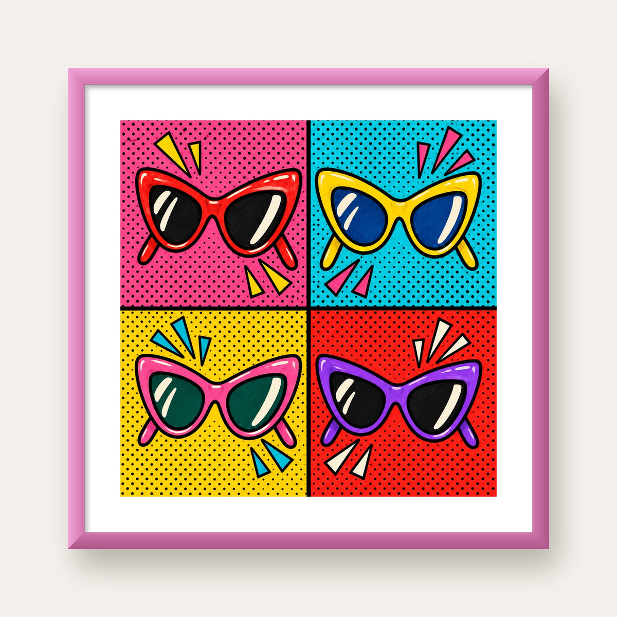 Pop Art Gözlük Desenli Renkli Modern Poster Duvar Tablosu — pembe çerçeveli paspartulu
