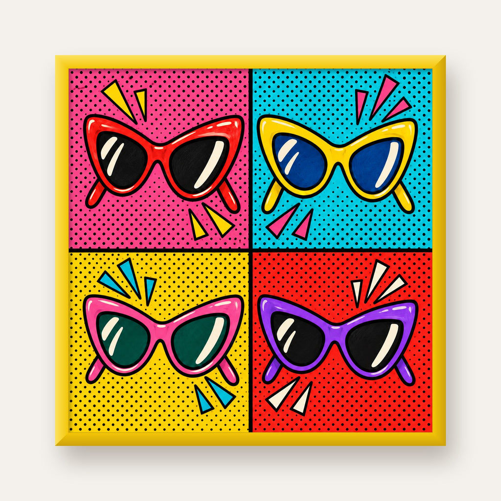 Pop Art Gözlük Desenli Renkli Modern Poster Duvar Tablosu — sarı çerçeveli