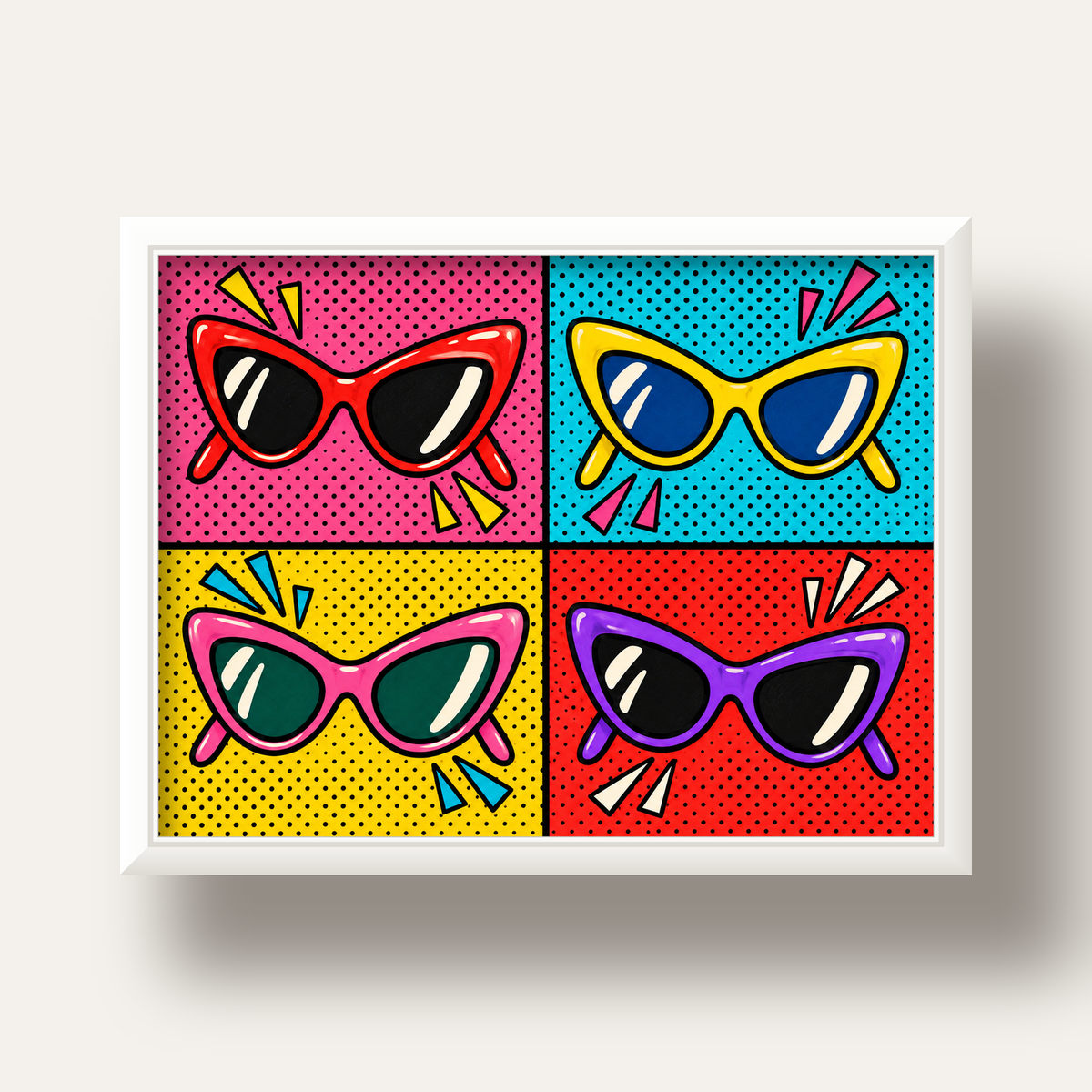 Pop Art Gözlük Desenli Renkli Modern Poster Duvar Tablosu — beyaz derin çerçeveli