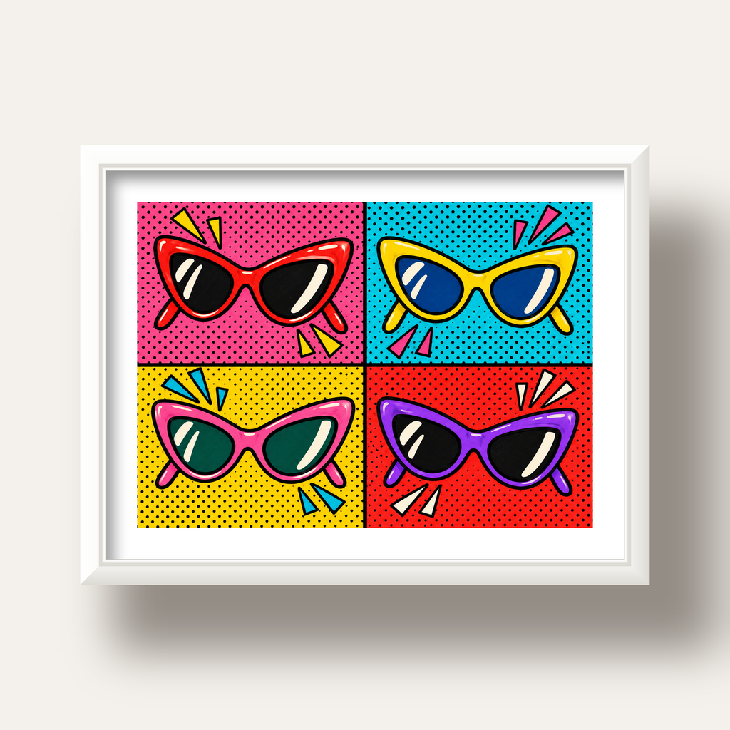 Pop Art Gözlük Desenli Renkli Modern Poster Duvar Tablosu — beyaz derin çerçeveli paspartulu