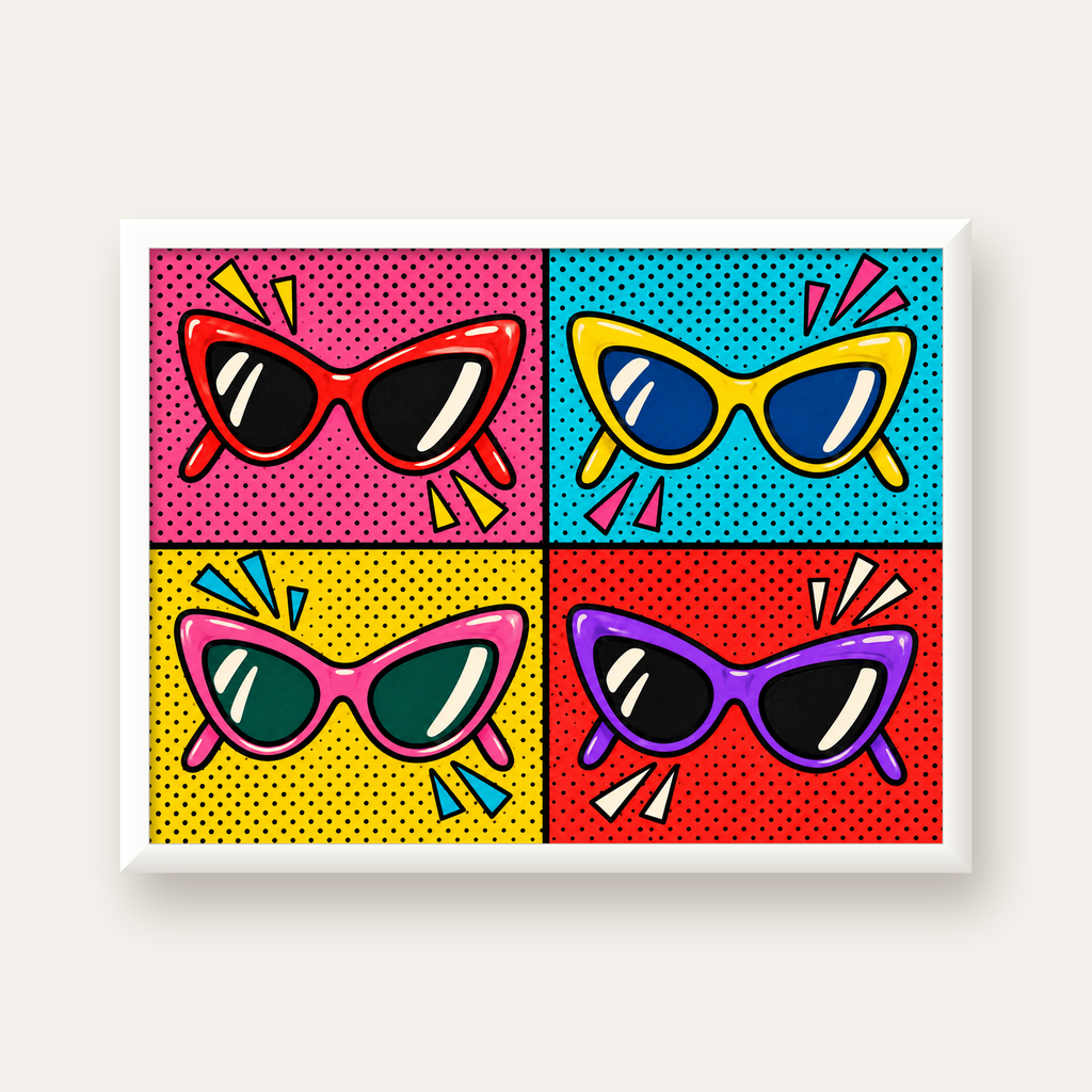 Pop Art Gözlük Desenli Renkli Modern Poster Duvar Tablosu — beyaz çerçeveli yatay poster