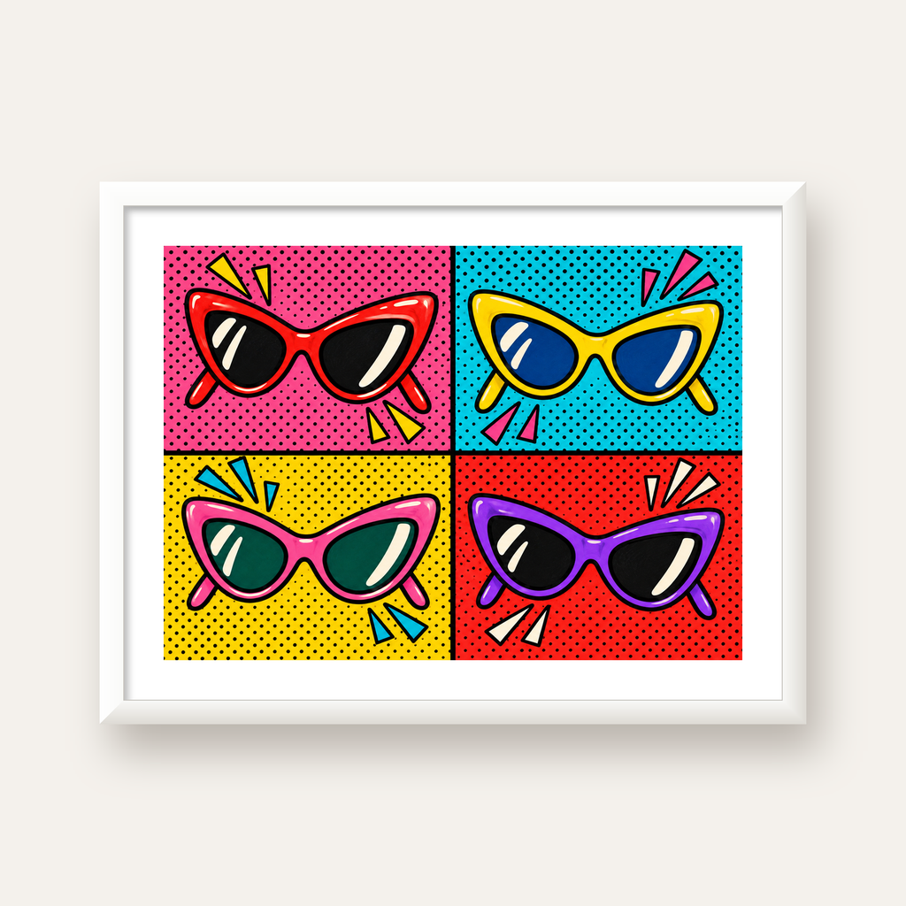 Pop Art Gözlük Desenli Renkli Modern Poster Duvar Tablosu — beyaz çerçeveli yatay poster