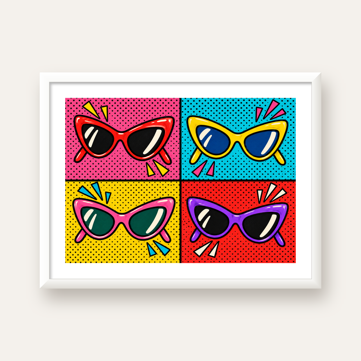 Pop Art Gözlük Desenli Renkli Modern Poster Duvar Tablosu — beyaz çerçeveli yatay poster