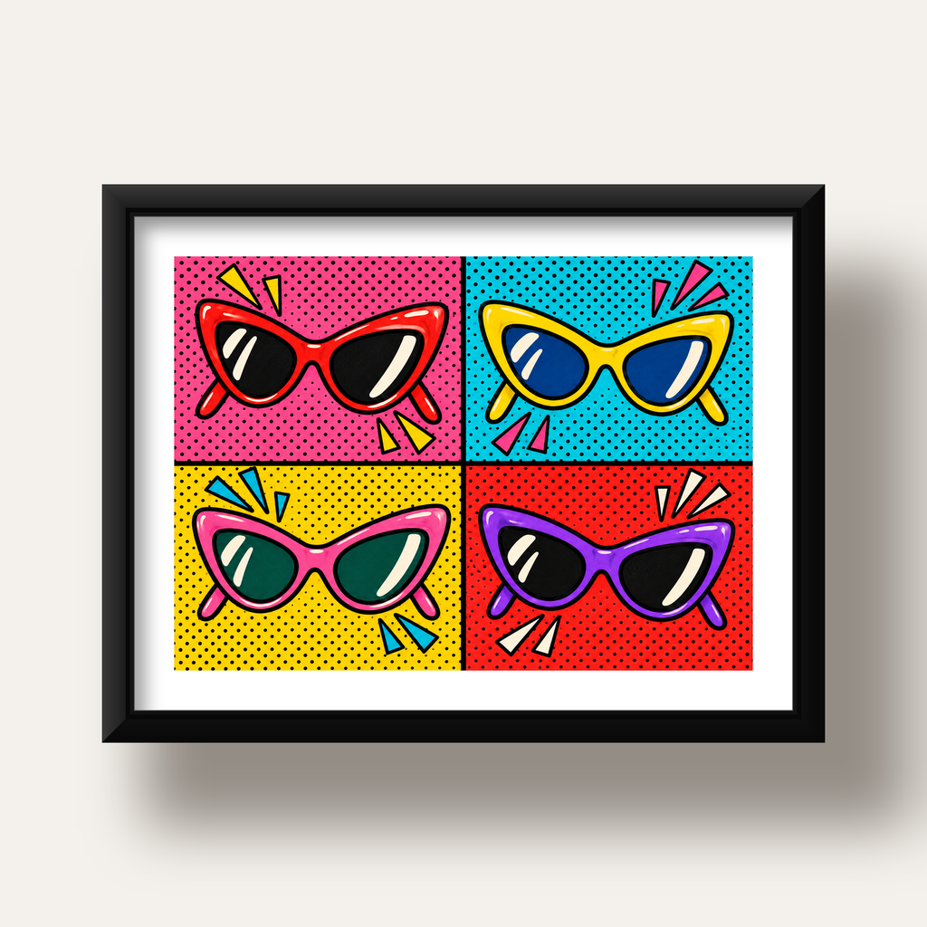 Pop Art Gözlük Desenli Renkli Modern Poster Duvar Tablosu — siyah derin çerçeveli paspartulu