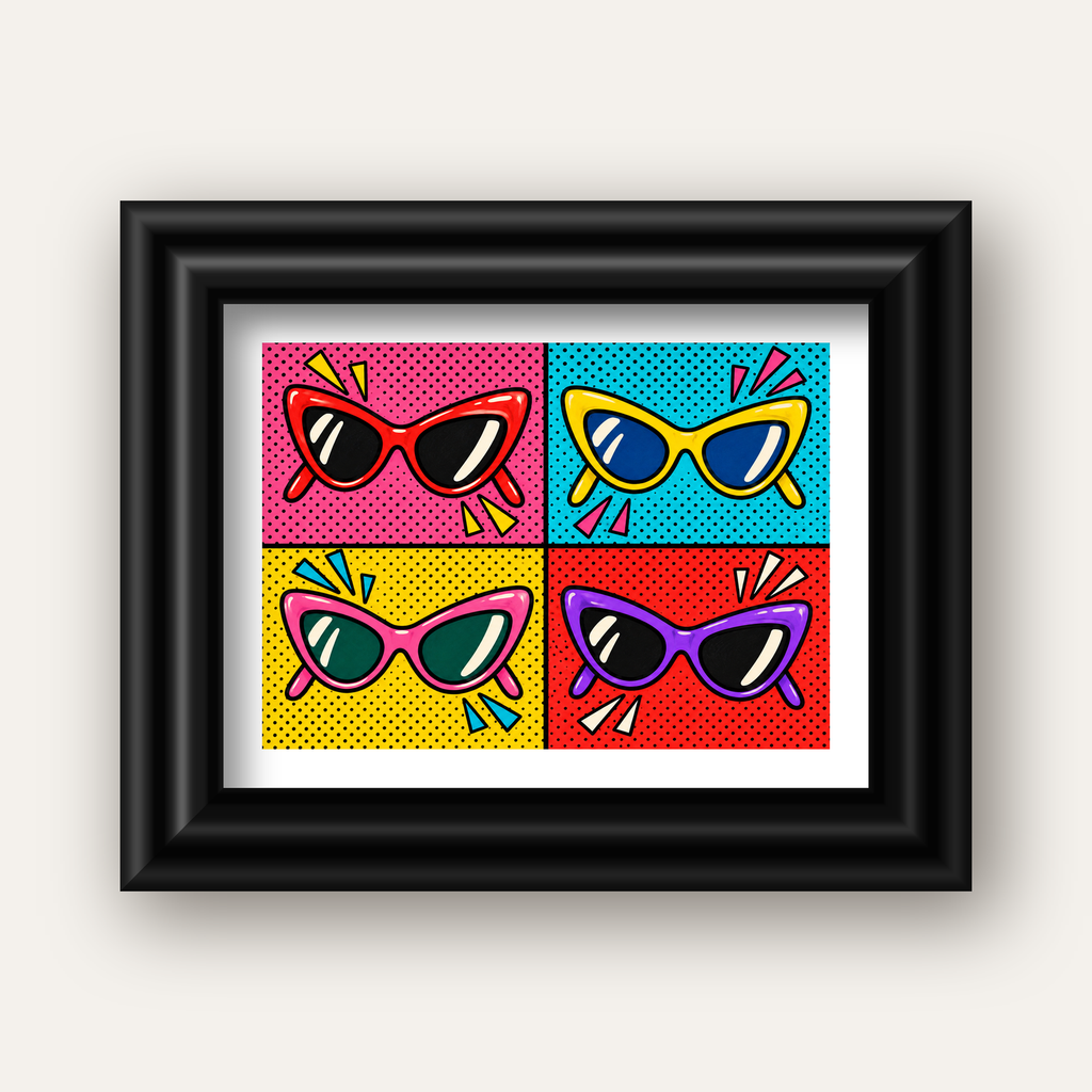 Pop Art Gözlük Desenli Renkli Modern Poster Duvar Tablosu — siyah galeri çerçeveli paspartulu