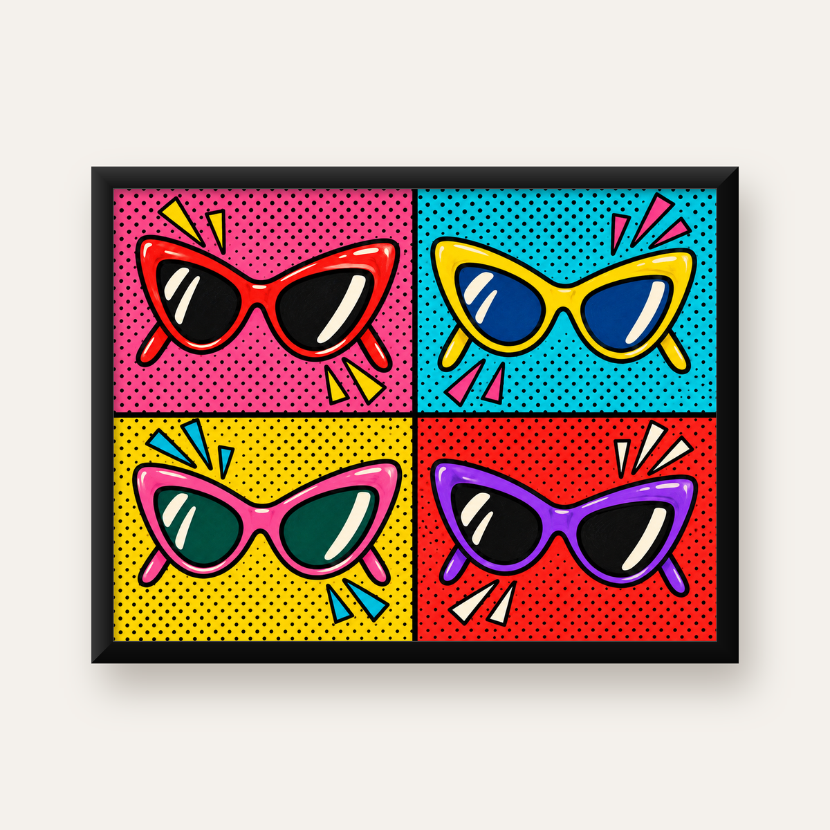 Pop Art Gözlük Desenli Renkli Modern Poster Duvar Tablosu — Yatay baskı, düz siyah çerçeveli duvar posteri