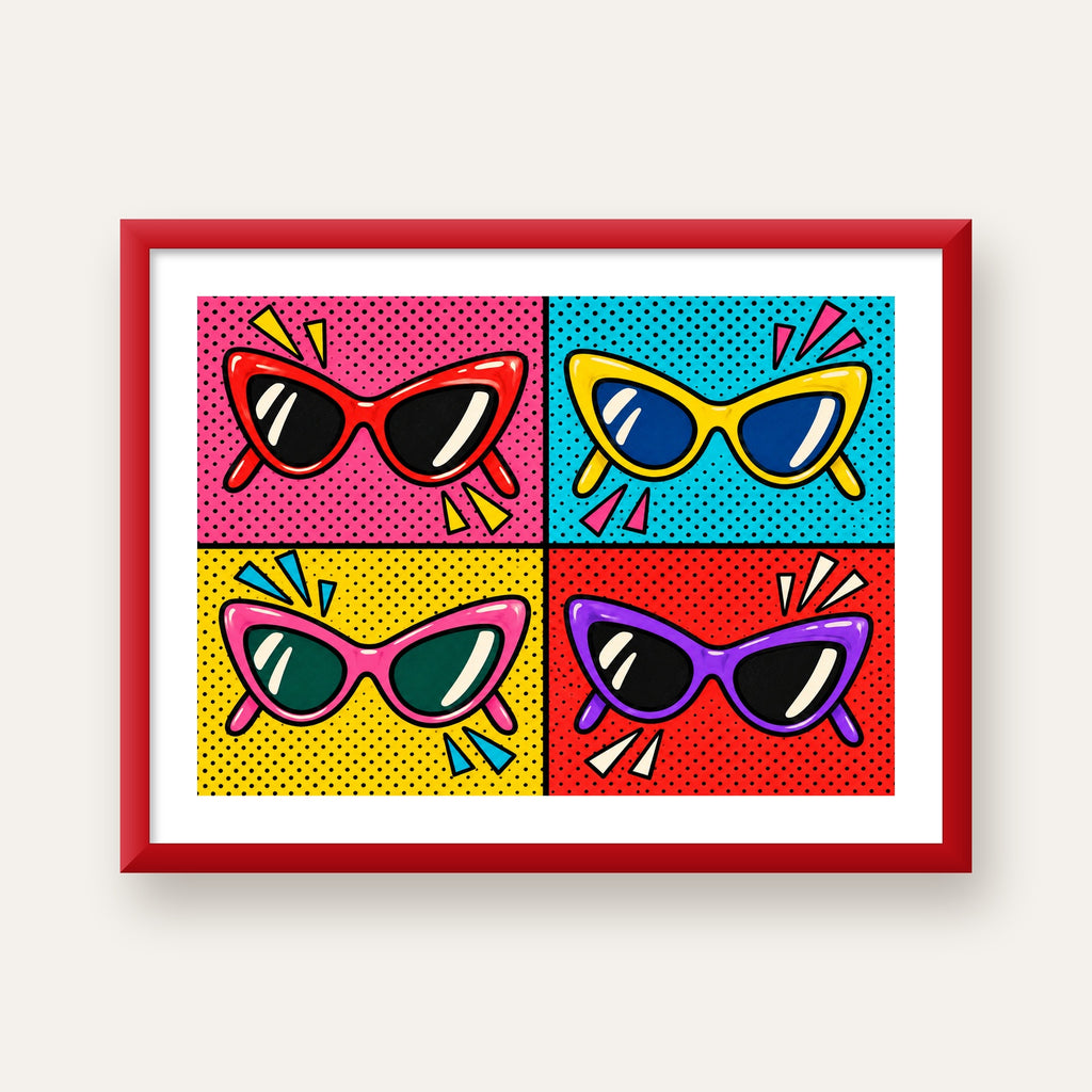 Pop Art Gözlük Desenli Renkli Modern Poster Duvar Tablosu — kırmızı çerçeveli paspartulu