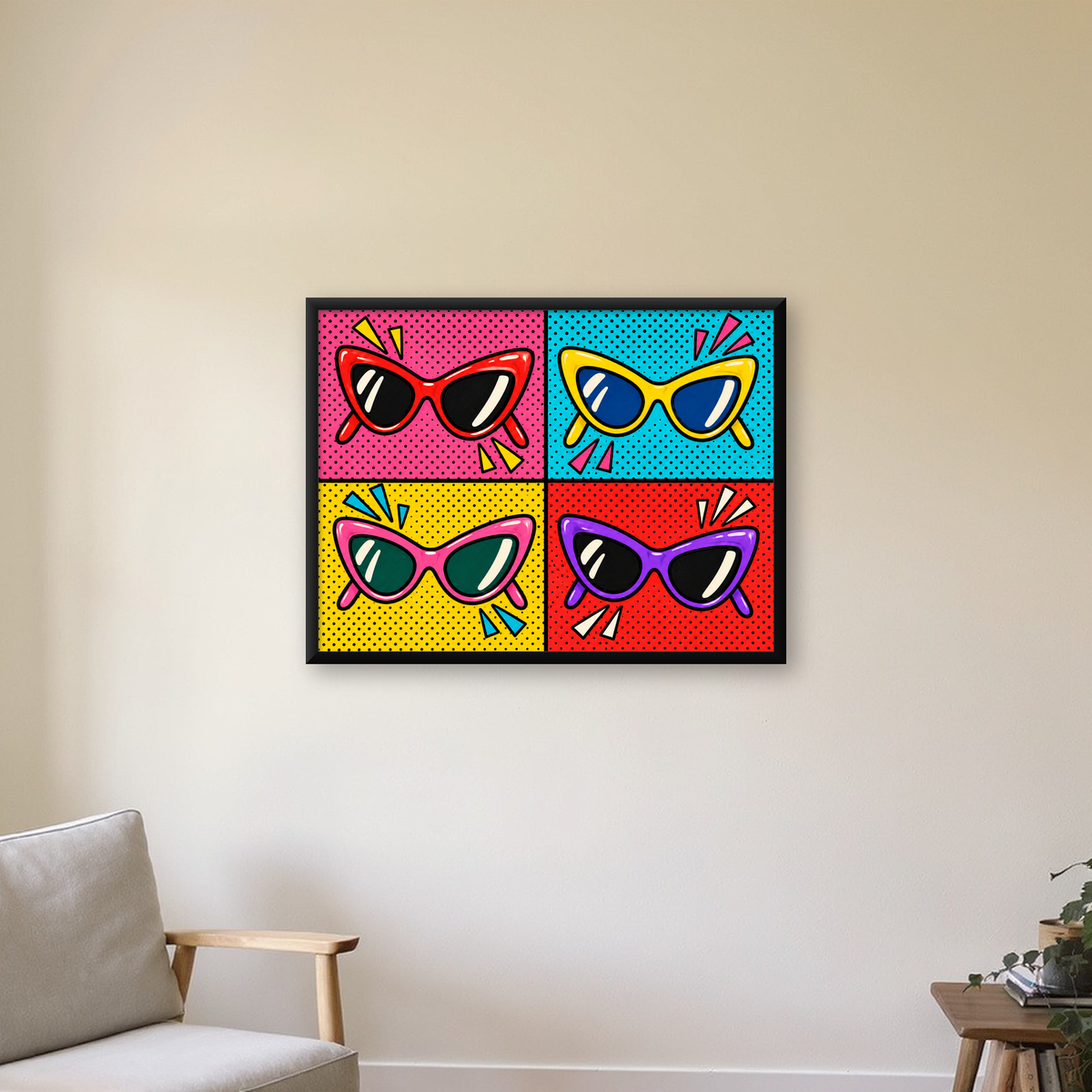 Pop Art Gözlük Desenli Renkli Modern Poster Duvar Tablosu — Yatay baskı, çerçeveli hâliyle bir ev duvarında