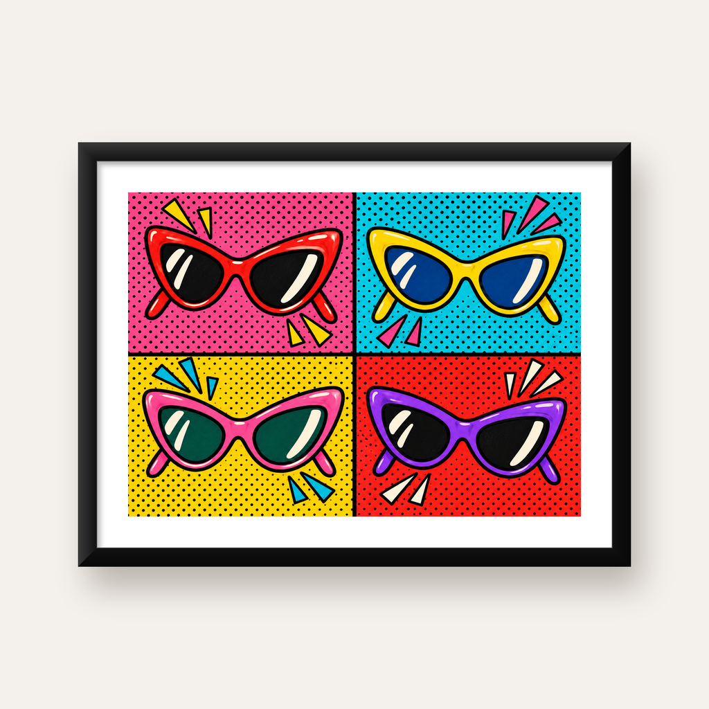 Pop Art Gözlük Desenli Renkli Modern Poster Duvar Tablosu — Yatay baskı, beyaz paspartulu
