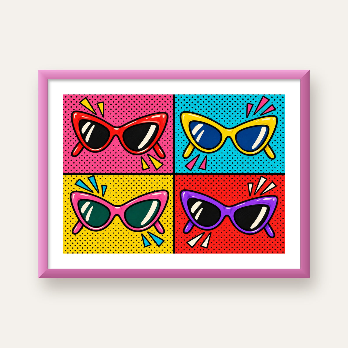 Pop Art Gözlük Desenli Renkli Modern Poster Duvar Tablosu — pembe çerçeveli paspartulu