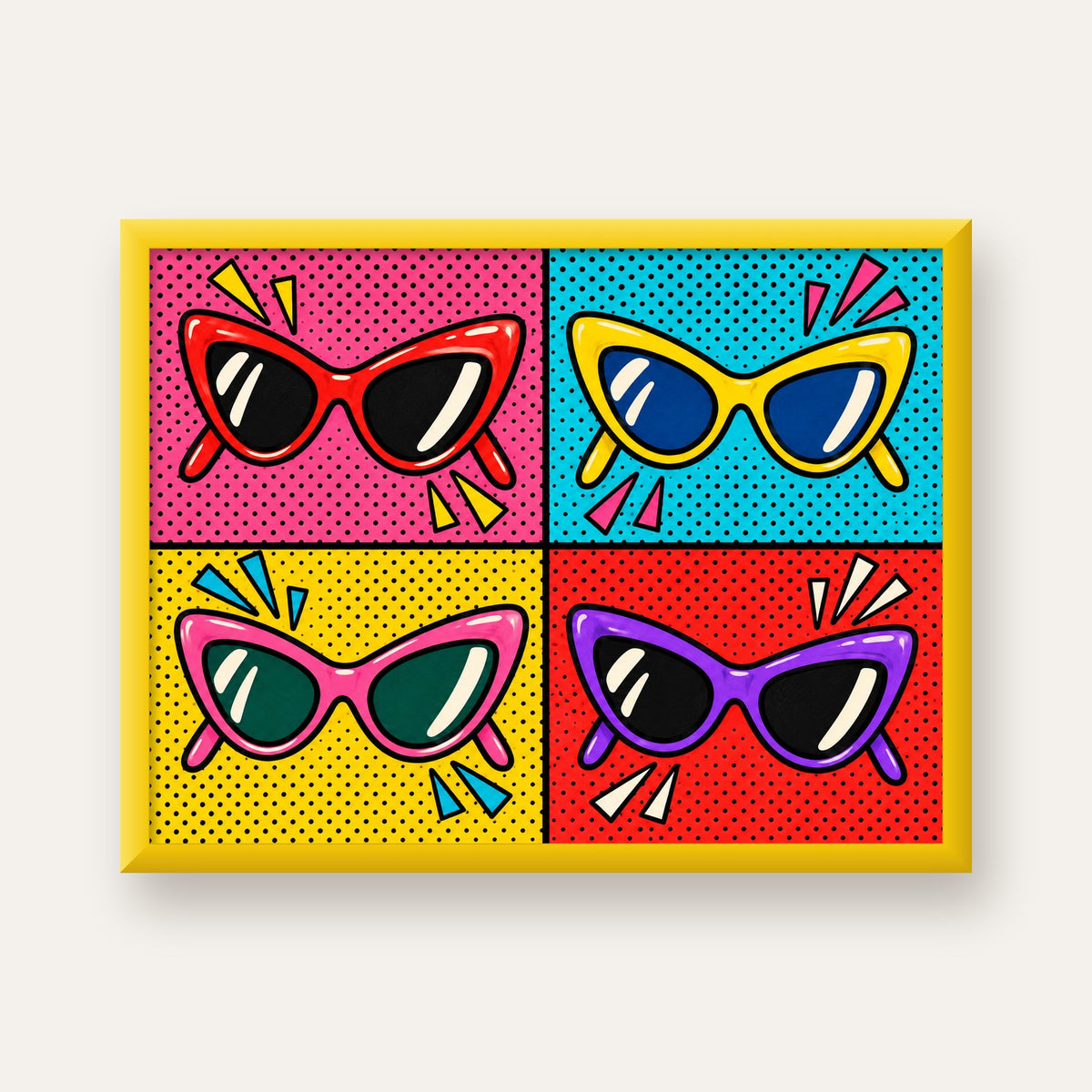 Pop Art Gözlük Desenli Renkli Modern Poster Duvar Tablosu — sarı çerçeveli