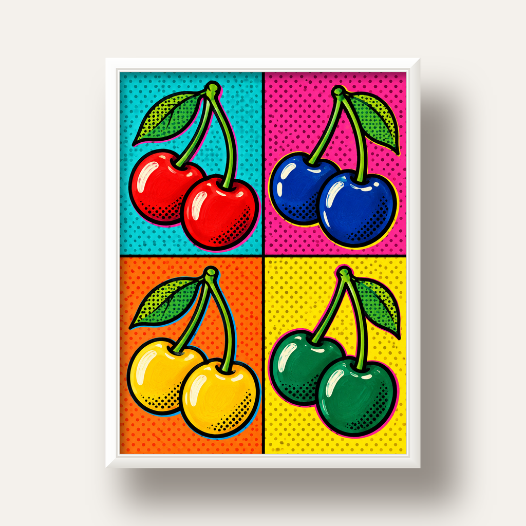 Pop Art Kiraz Poster – Renkli Çizgi Roman Tarzı Duvar Dekoru — beyaz derin çerçeveli