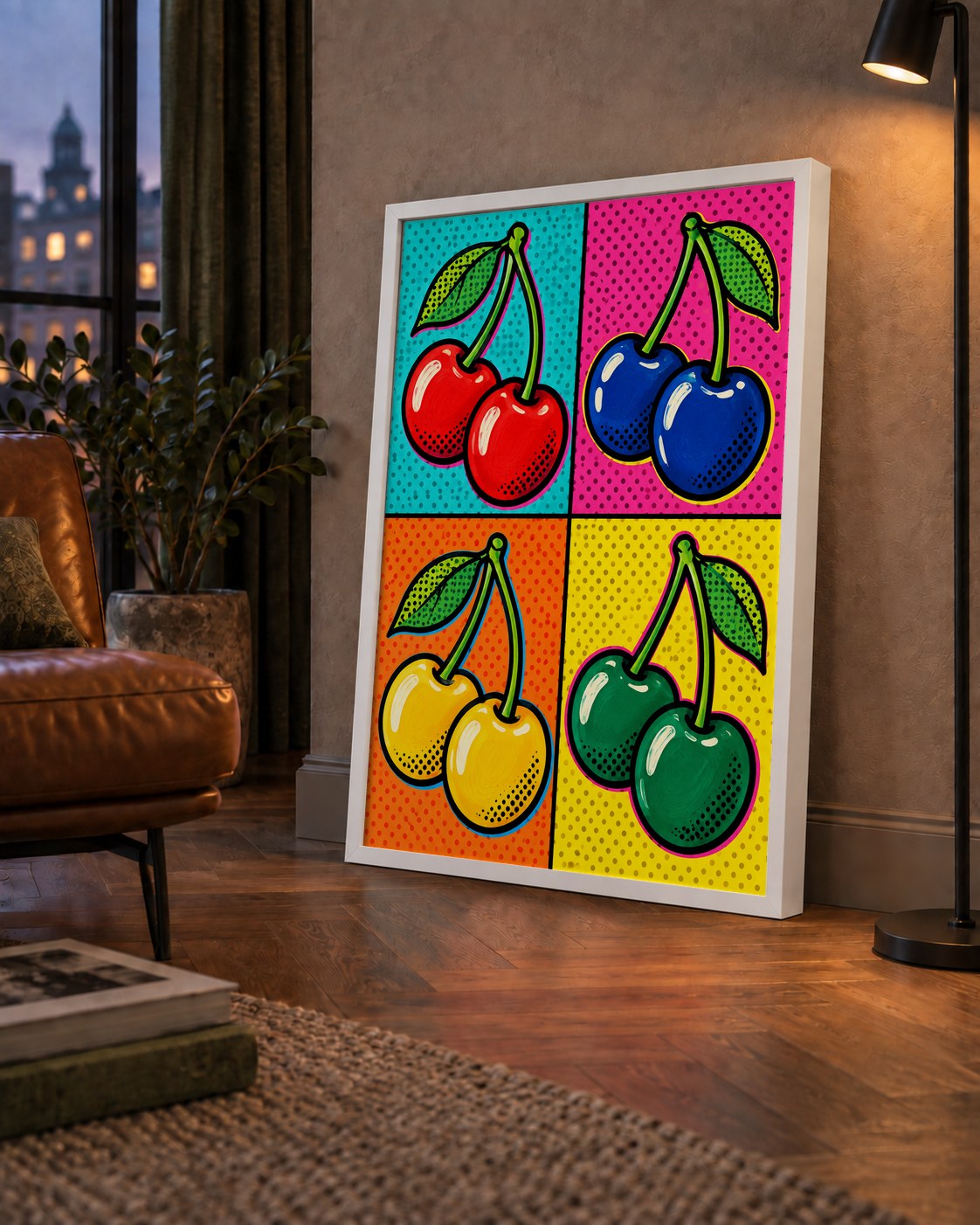Pop Art Kiraz Poster – Renkli Çizgi Roman Tarzı Duvar Dekoru — çerçeveli hâliyle bir ev duvarında