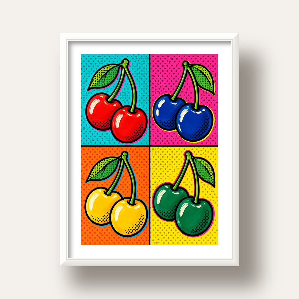 Pop Art Kiraz Poster – Renkli Çizgi Roman Tarzı Duvar Dekoru — beyaz derin çerçeveli paspartulu
