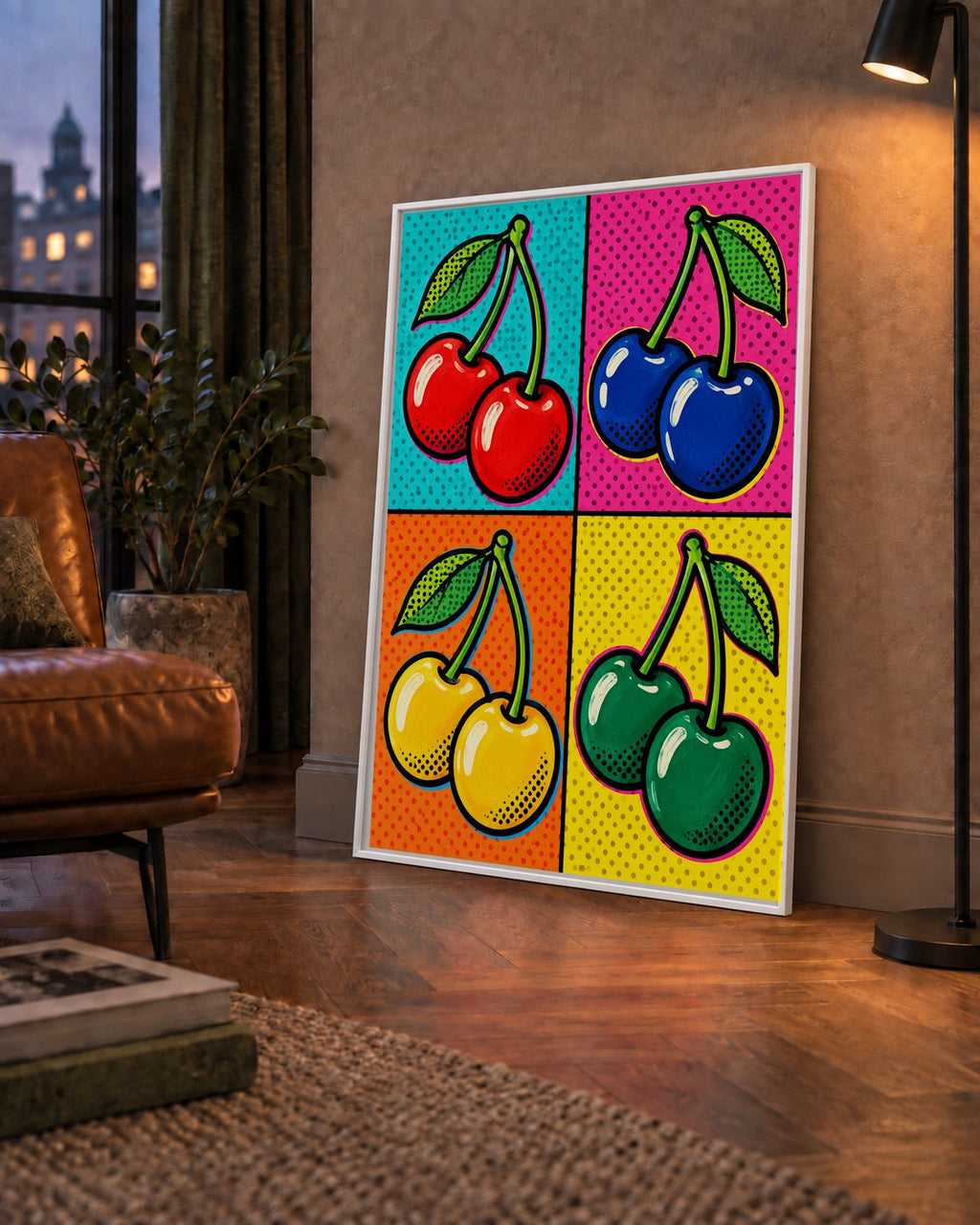 Pop Art Kiraz Poster – Renkli Çizgi Roman Tarzı Duvar Dekoru — çerçeveli hâliyle bir ev duvarında