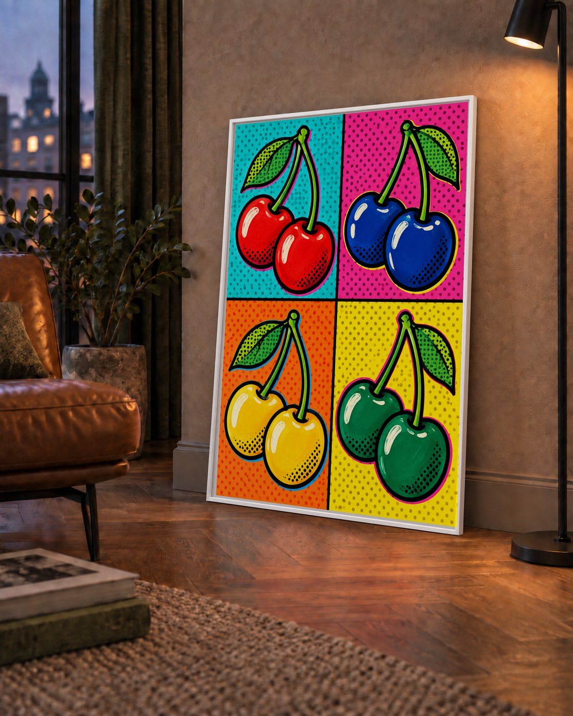 Pop Art Kiraz Poster – Renkli Çizgi Roman Tarzı Duvar Dekoru — çerçeveli hâliyle bir ev duvarında