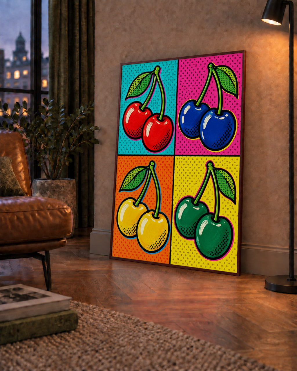 Pop Art Kiraz Poster – Renkli Çizgi Roman Tarzı Duvar Dekoru — çerçeveli hâliyle bir ev duvarında