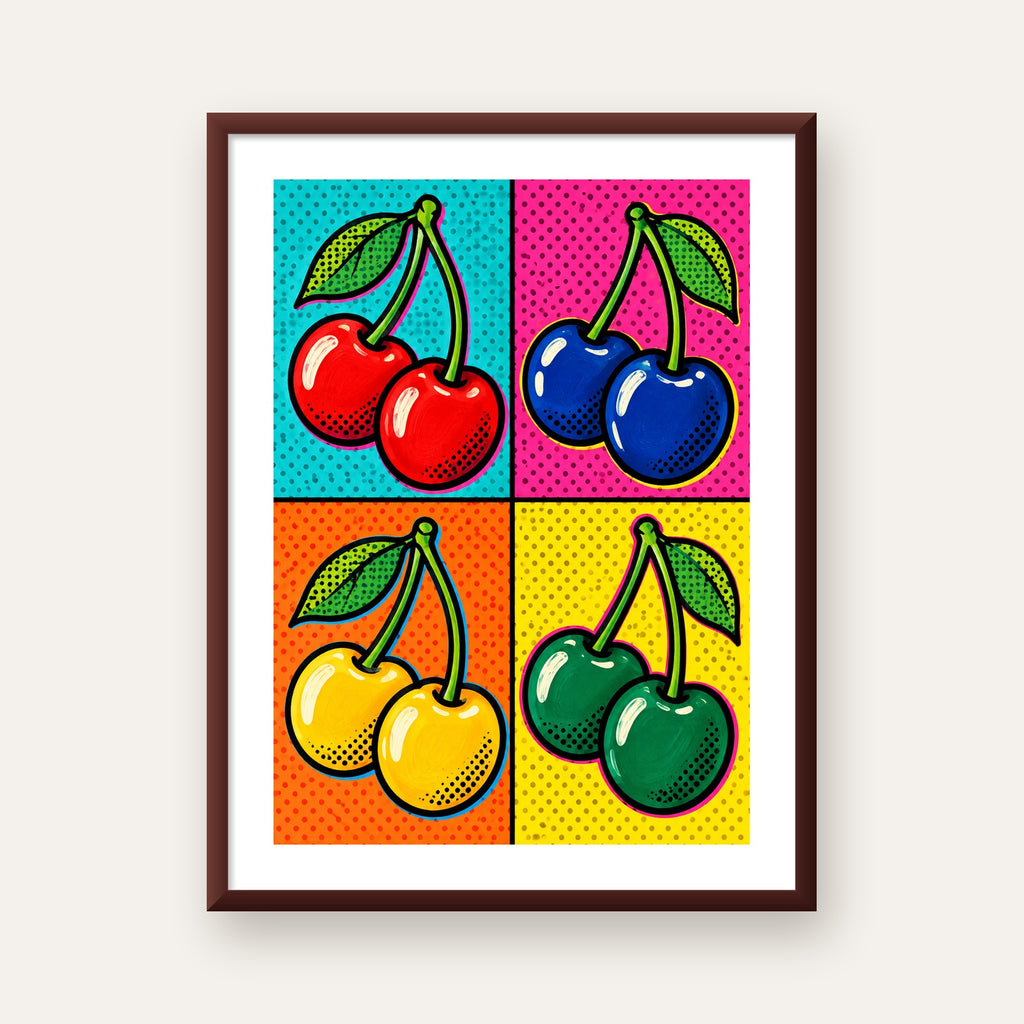Pop Art Kiraz Poster – Renkli Çizgi Roman Tarzı Duvar Dekoru — ceviz çerçeveli paspartulu
