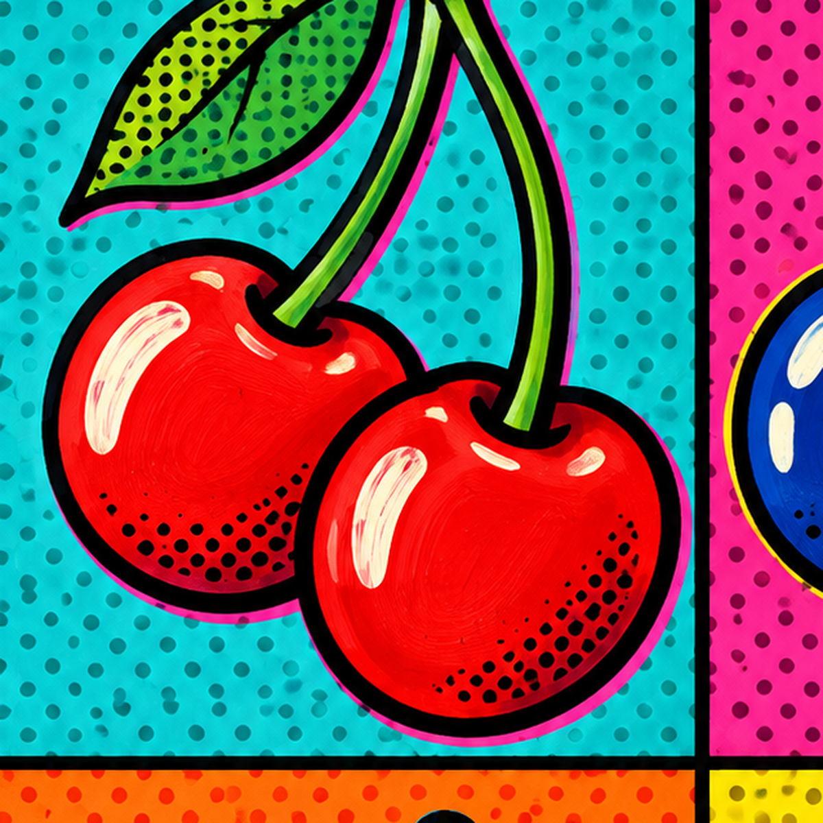 Pop Art Kiraz Poster – Renkli Çizgi Roman Tarzı Duvar Dekoru — baskının yakın çekimi, kâğıt dokusu ve renk detayı