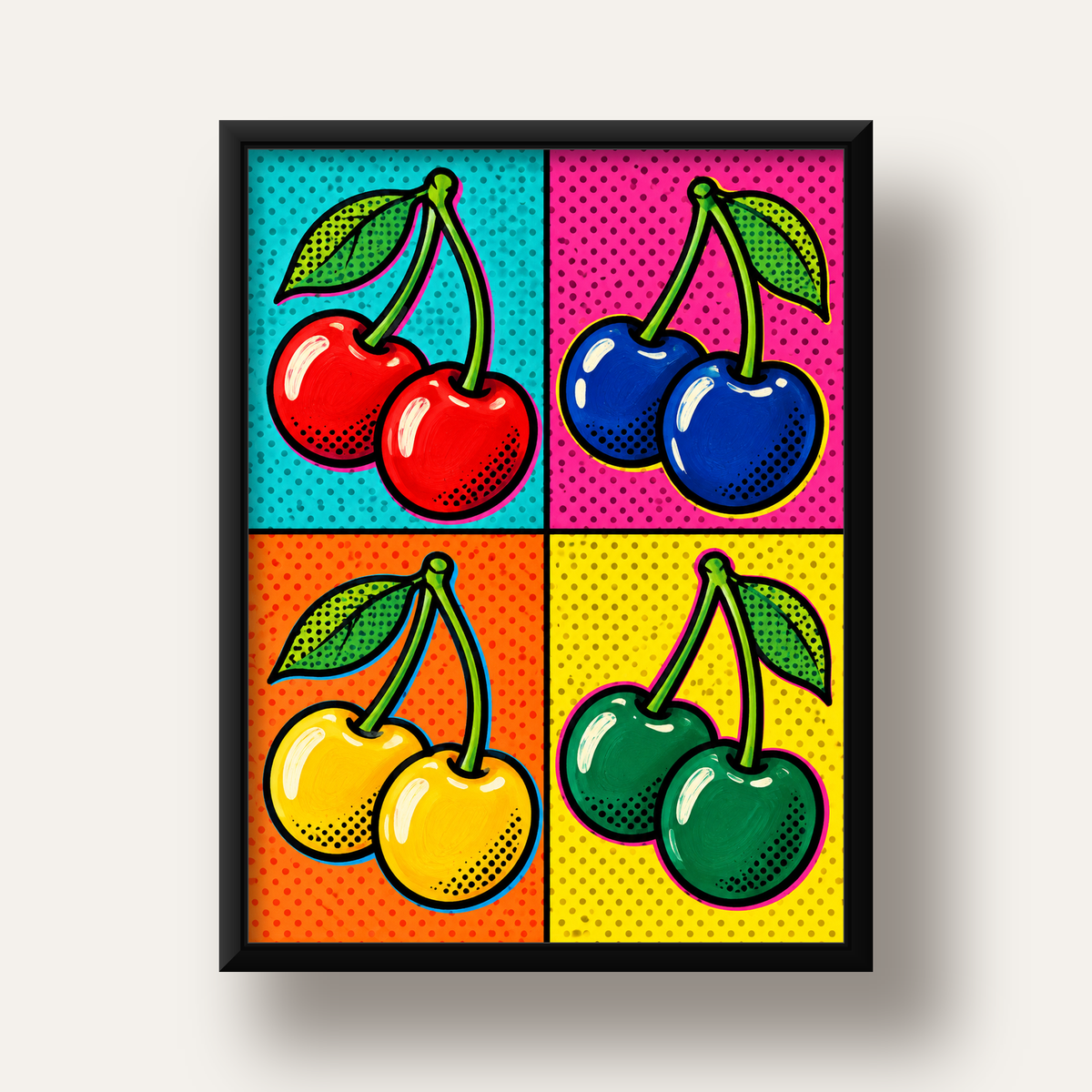 Pop Art Kiraz Poster – Renkli Çizgi Roman Tarzı Duvar Dekoru — siyah derin çerçeveli