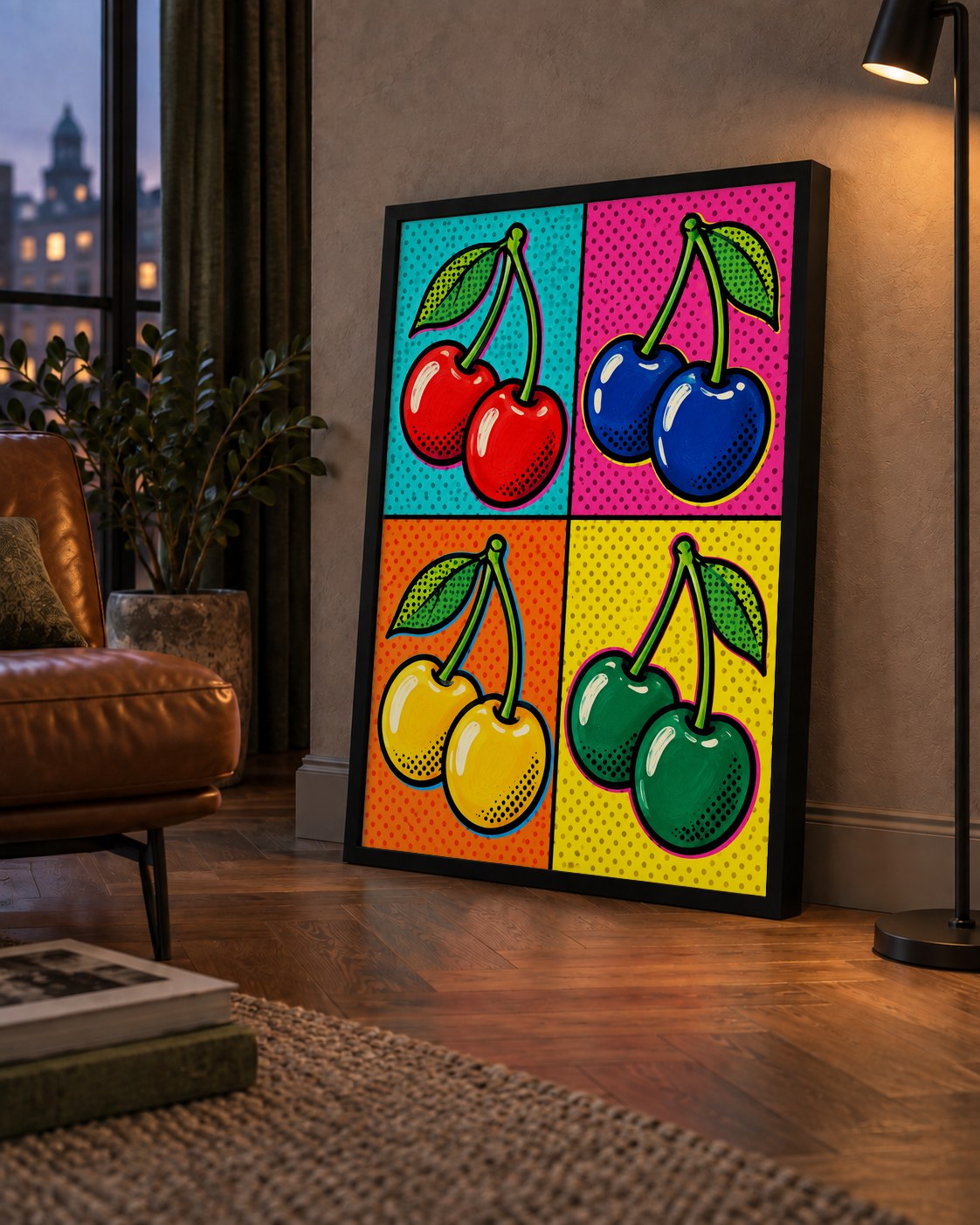 Pop Art Kiraz Poster – Renkli Çizgi Roman Tarzı Duvar Dekoru — çerçeveli hâliyle bir ev duvarında