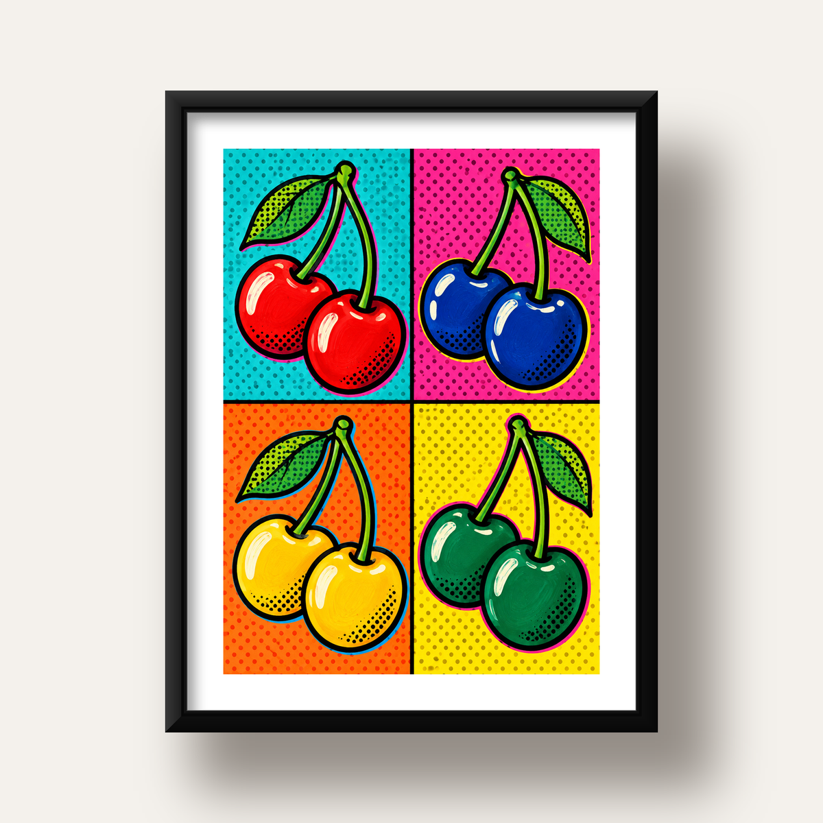 Pop Art Kiraz Poster – Renkli Çizgi Roman Tarzı Duvar Dekoru — siyah derin çerçeveli paspartulu