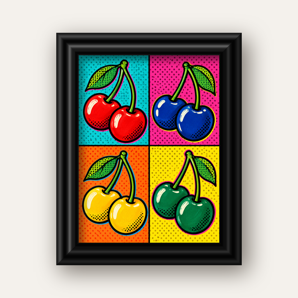 Pop Art Kiraz Poster – Renkli Çizgi Roman Tarzı Duvar Dekoru — siyah galeri çerçeveli