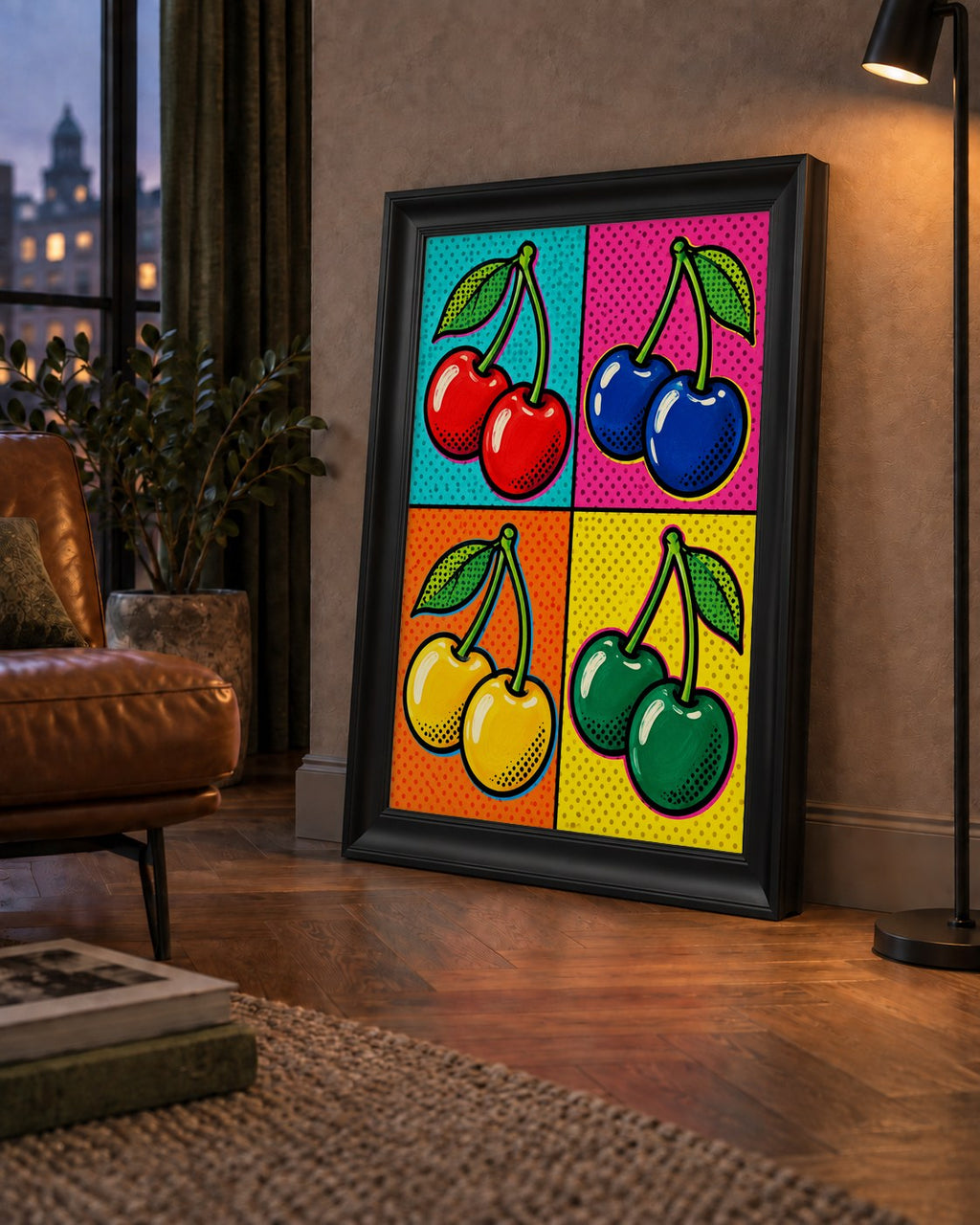 Pop Art Kiraz Poster – Renkli Çizgi Roman Tarzı Duvar Dekoru — çerçeveli hâliyle bir ev duvarında