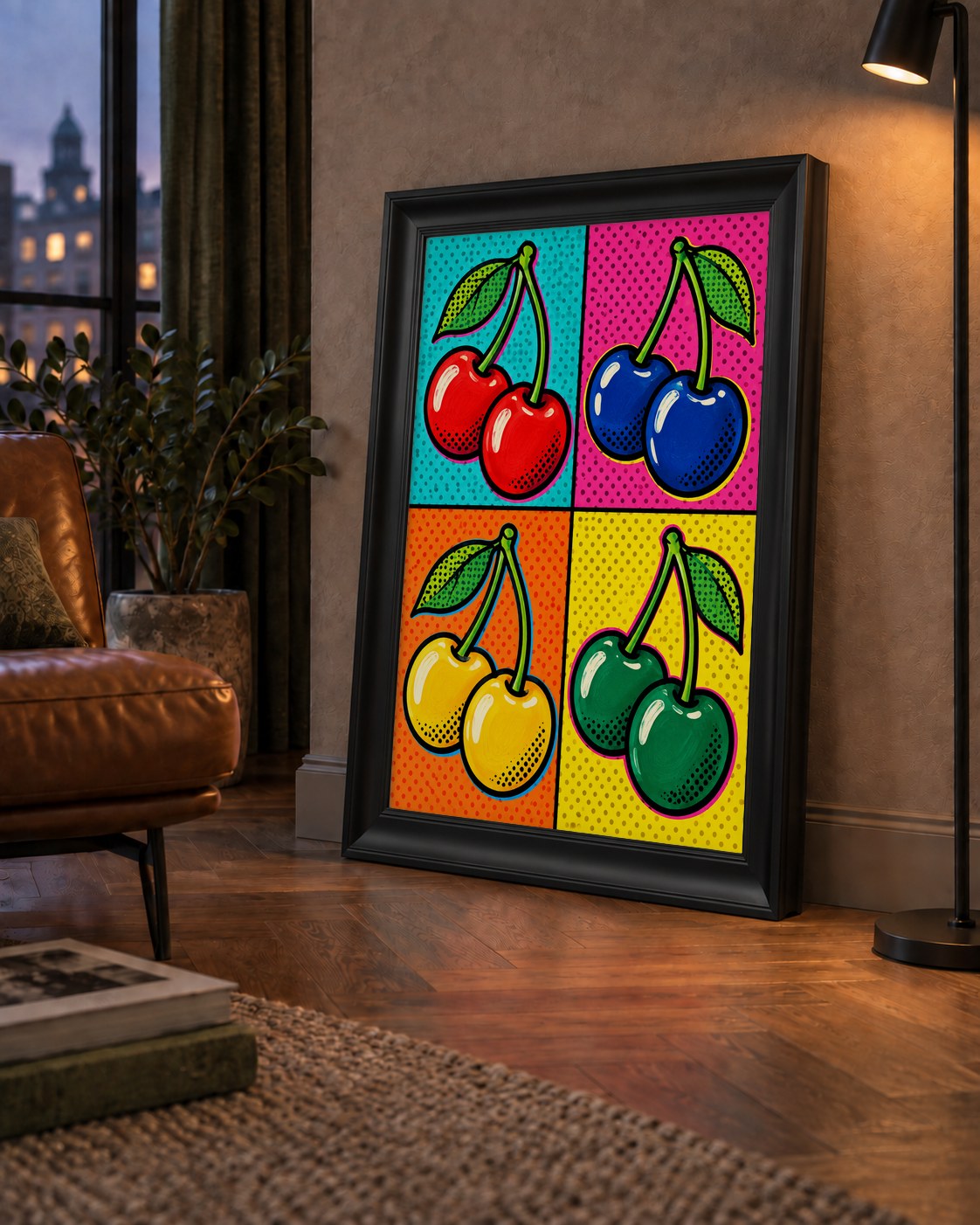 Pop Art Kiraz Poster – Renkli Çizgi Roman Tarzı Duvar Dekoru — çerçeveli hâliyle bir ev duvarında