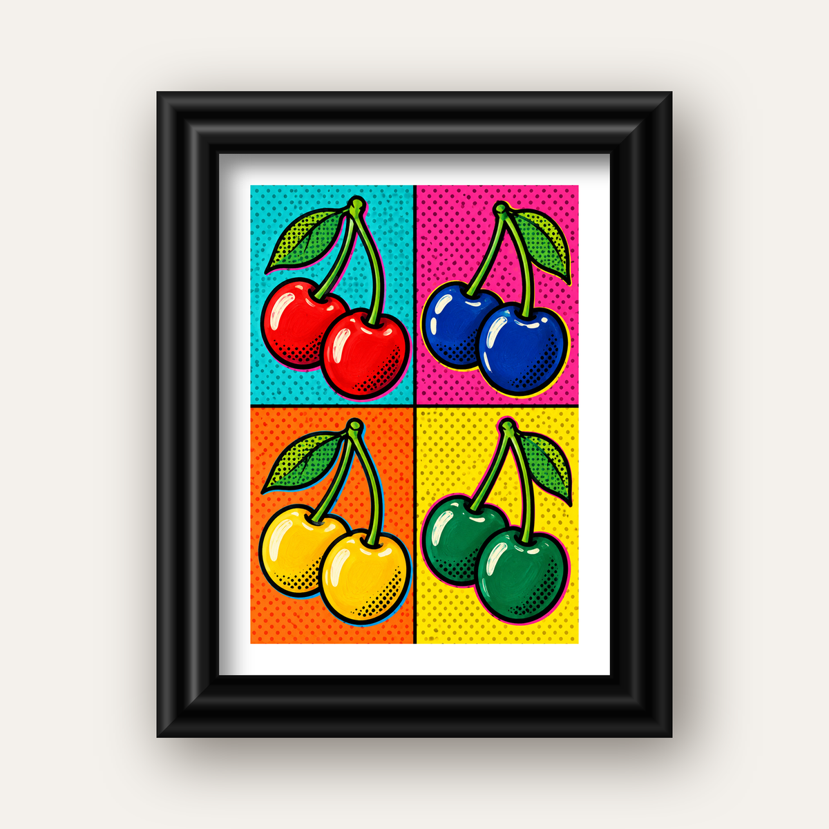 Pop Art Kiraz Poster – Renkli Çizgi Roman Tarzı Duvar Dekoru — siyah galeri çerçeveli paspartulu