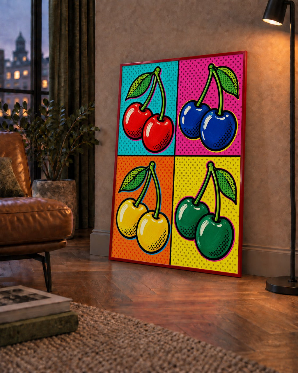Pop Art Kiraz Poster – Renkli Çizgi Roman Tarzı Duvar Dekoru — çerçeveli hâliyle bir ev duvarında