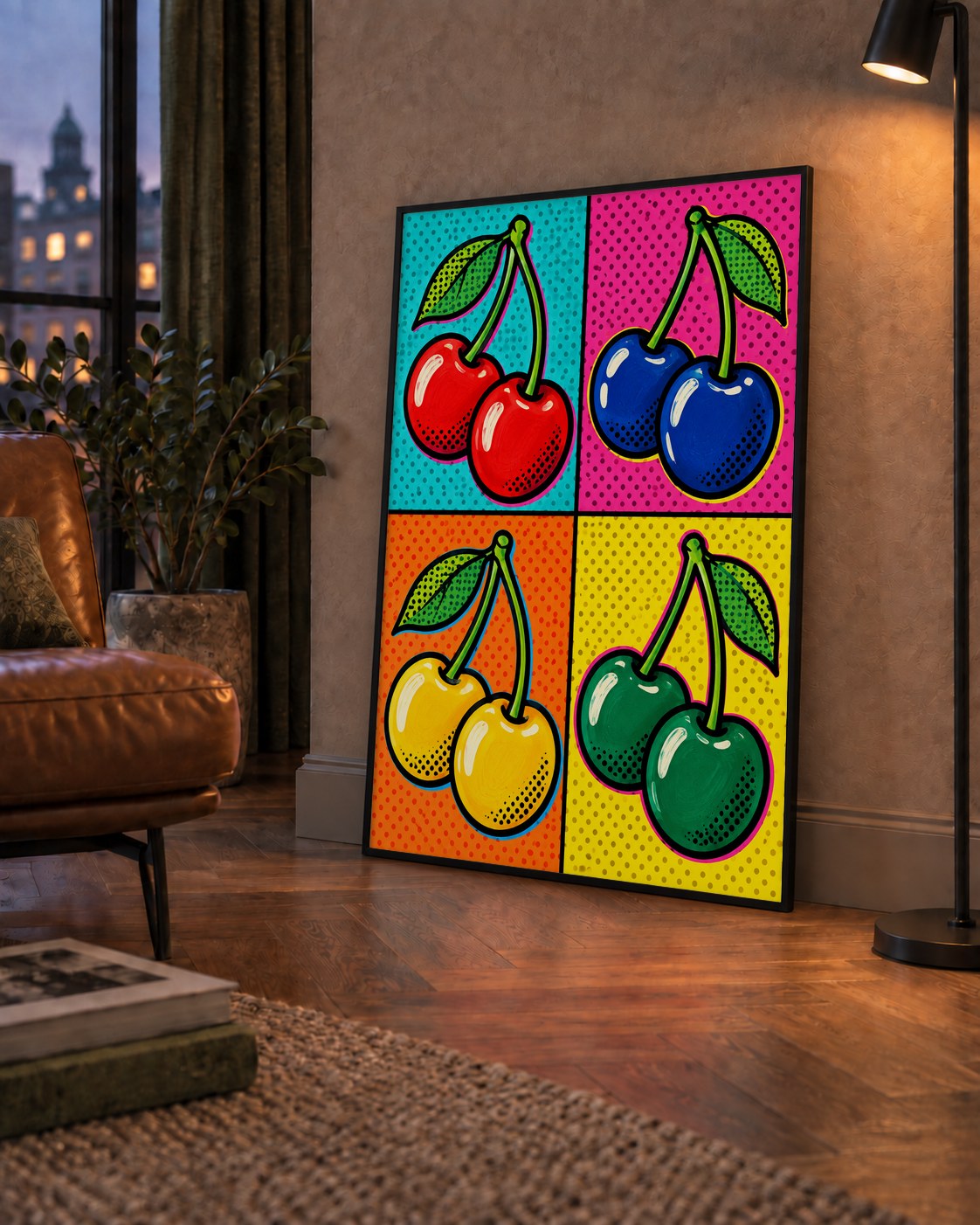 Pop Art Kiraz Poster – Renkli Çizgi Roman Tarzı Duvar Dekoru — çerçeveli hâliyle bir ev duvarında