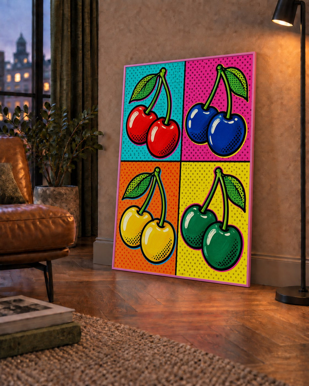 Pop Art Kiraz Poster – Renkli Çizgi Roman Tarzı Duvar Dekoru — çerçeveli hâliyle bir ev duvarında