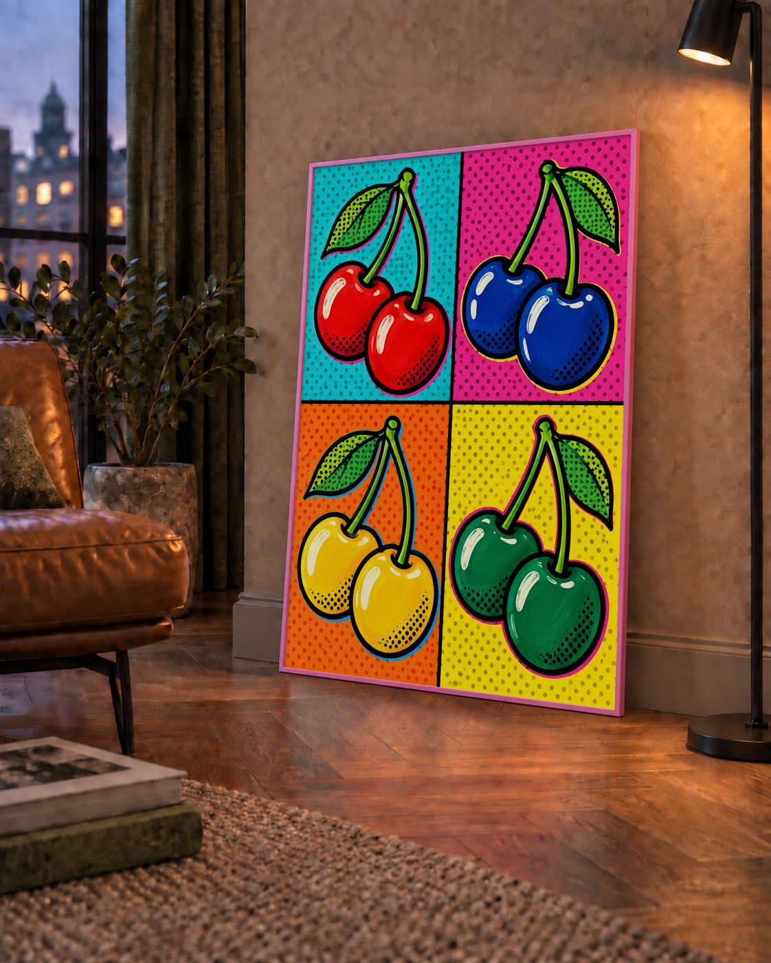 Pop Art Kiraz Poster – Renkli Çizgi Roman Tarzı Duvar Dekoru — çerçeveli hâliyle bir ev duvarında
