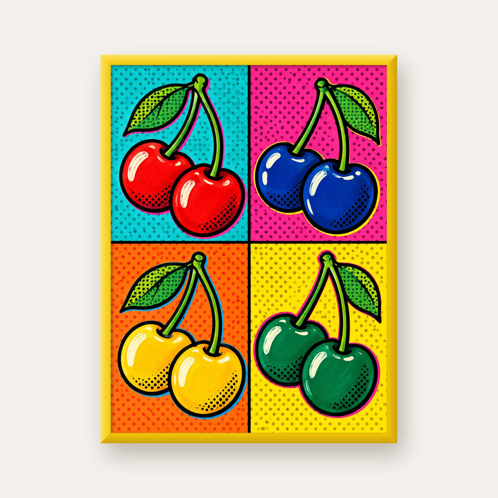 Pop Art Kiraz Poster – Renkli Çizgi Roman Tarzı Duvar Dekoru — sarı çerçeveli