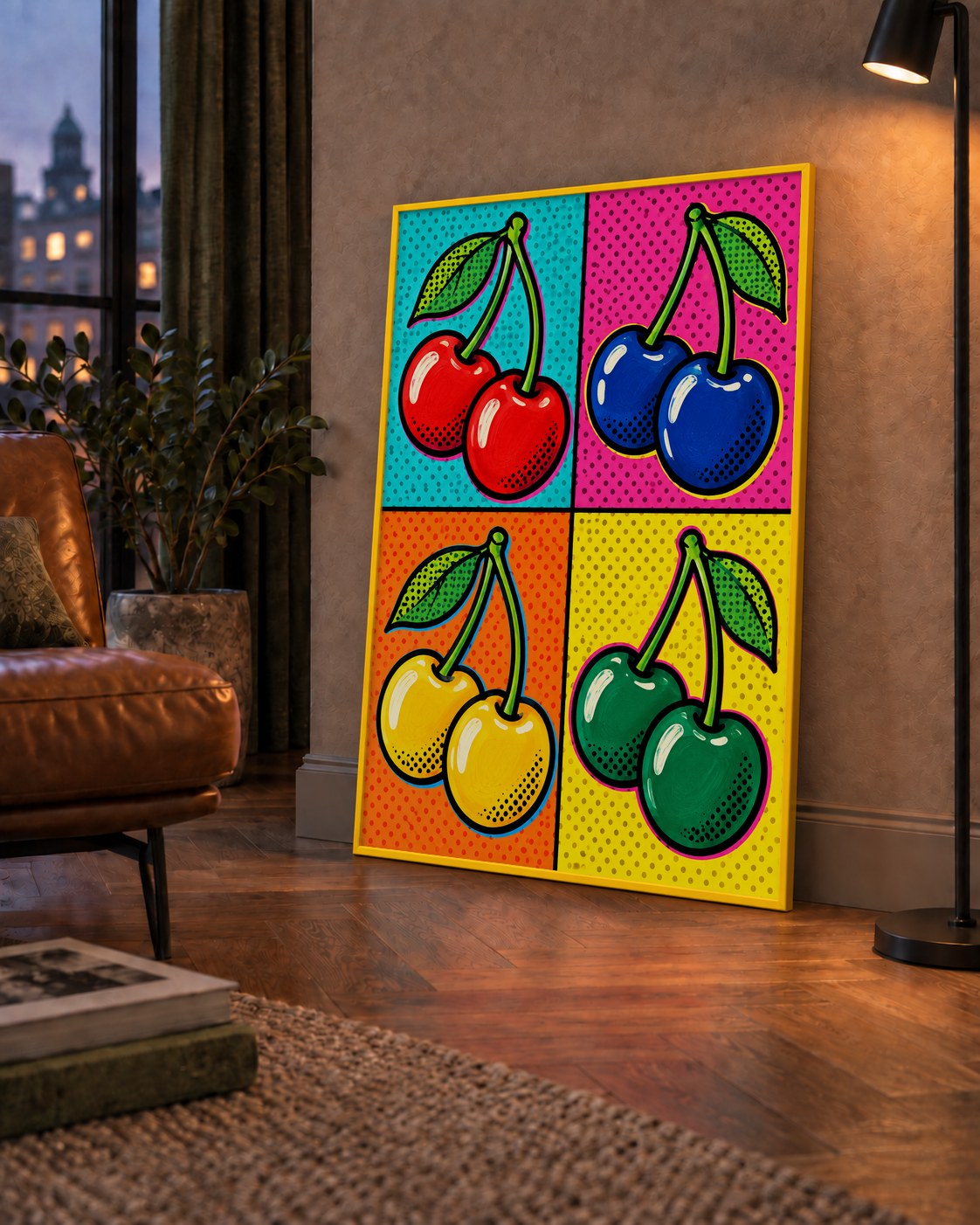 Pop Art Kiraz Poster – Renkli Çizgi Roman Tarzı Duvar Dekoru — çerçeveli hâliyle bir ev duvarında
