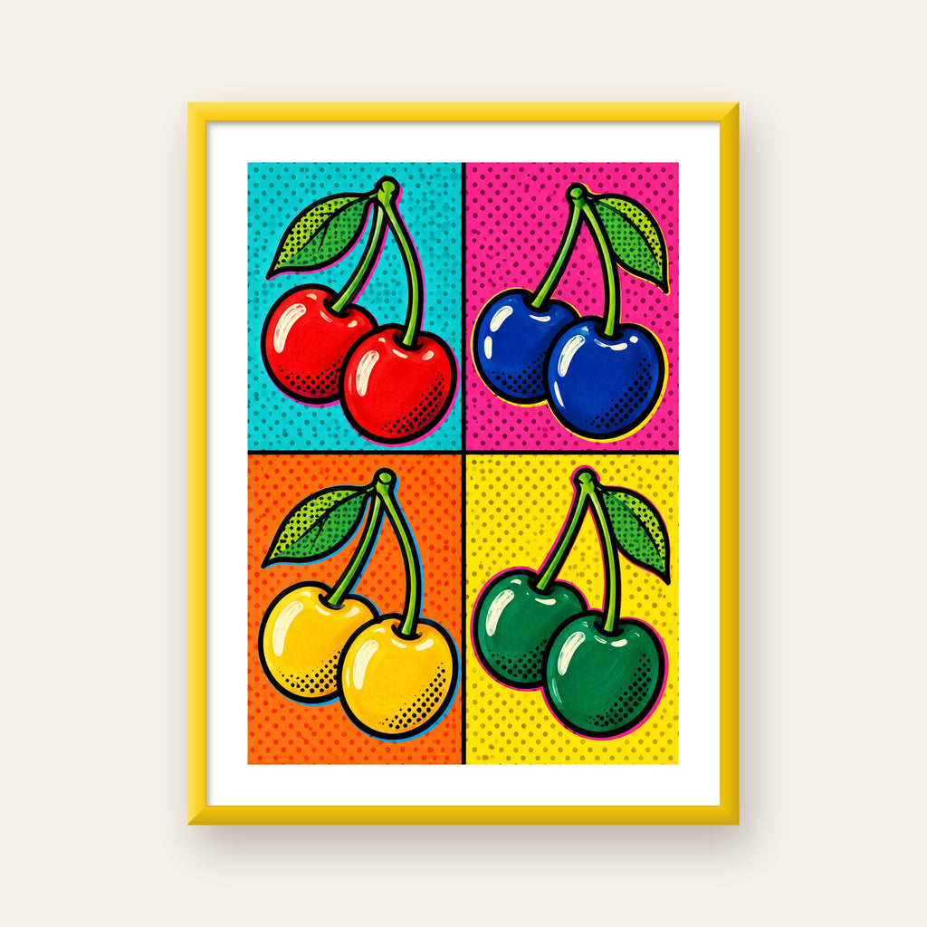 Pop Art Kiraz Poster – Renkli Çizgi Roman Tarzı Duvar Dekoru — sarı çerçeveli paspartulu