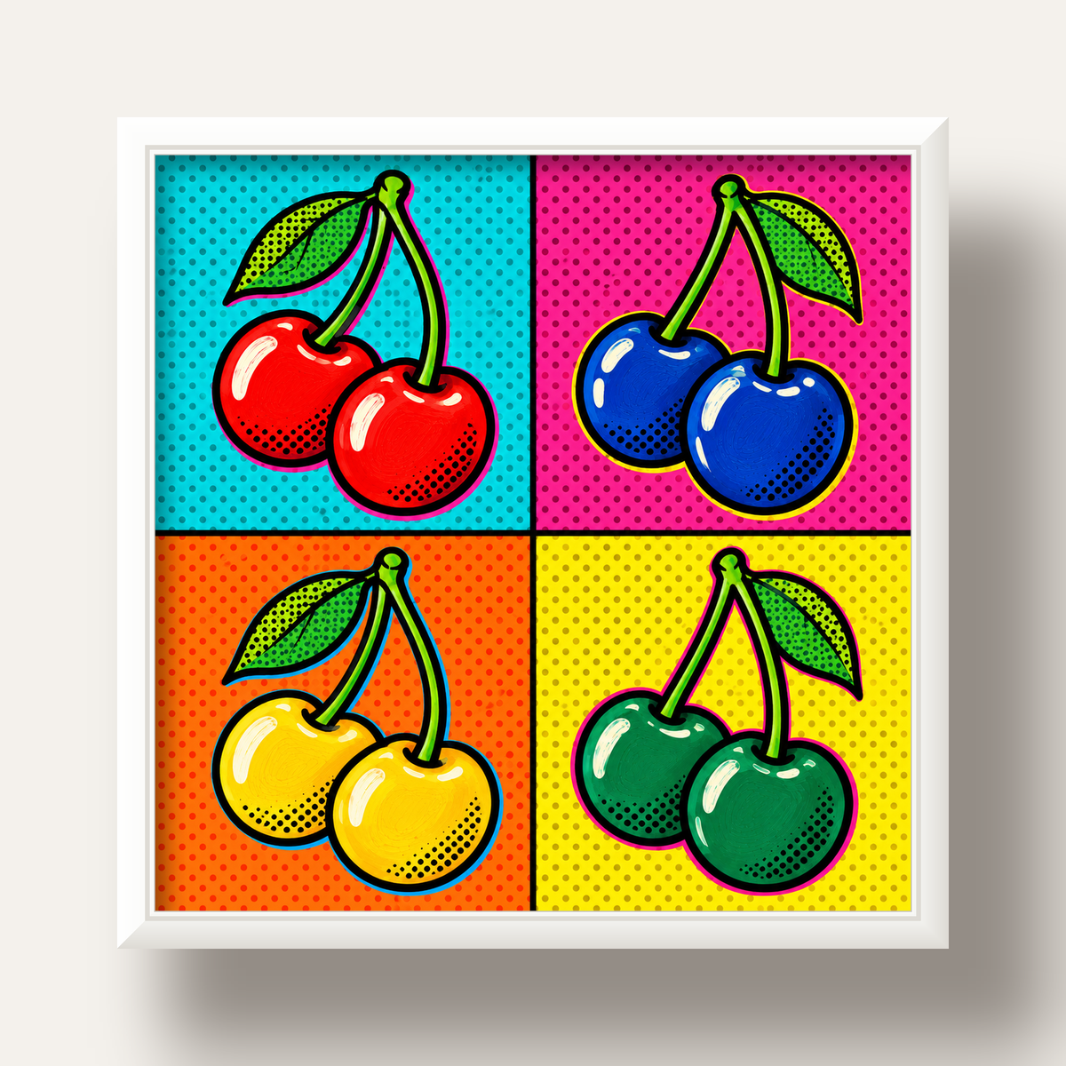 Pop Art Kiraz Poster – Renkli Çizgi Roman Tarzı Duvar Dekoru — beyaz derin çerçeveli