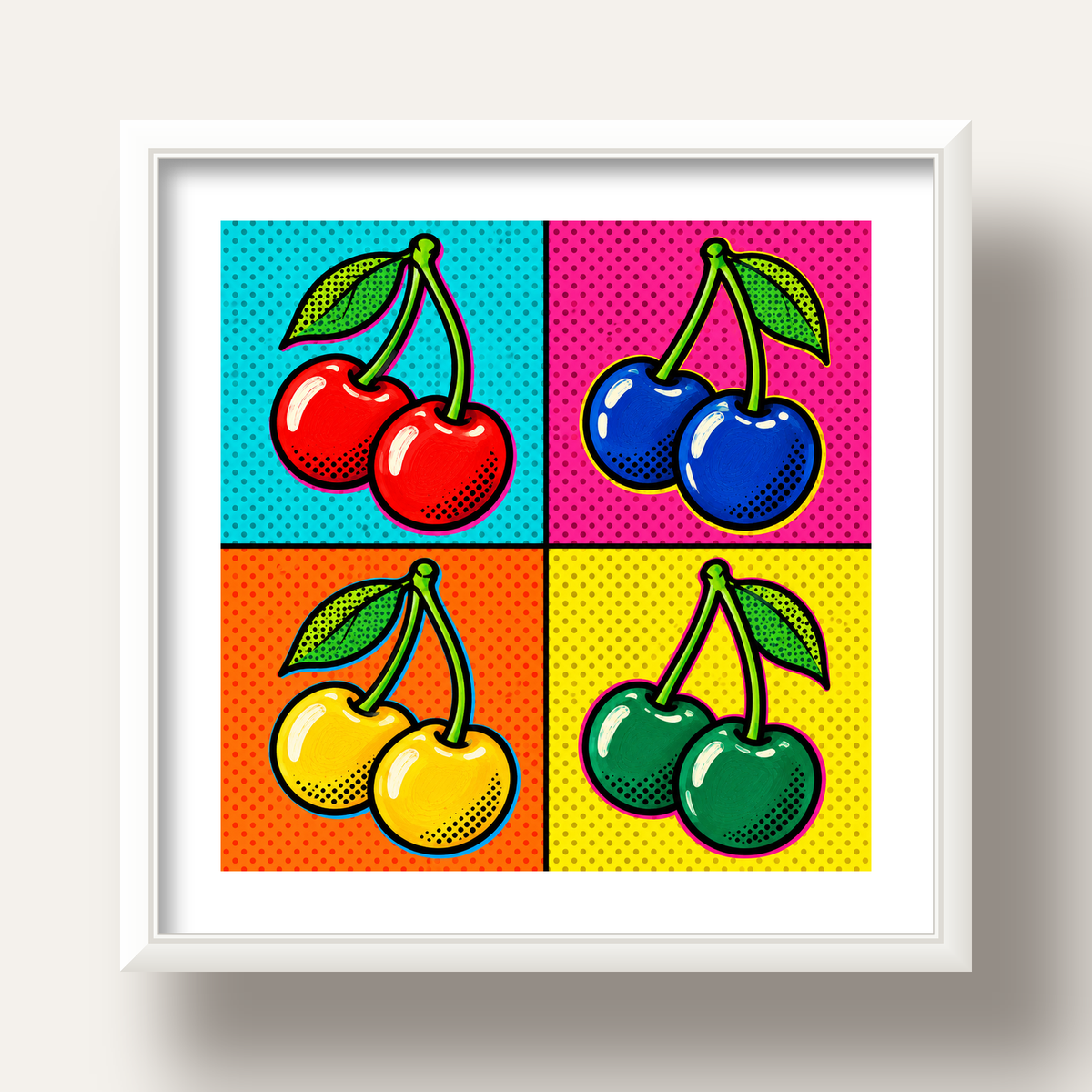 Pop Art Kiraz Poster – Renkli Çizgi Roman Tarzı Duvar Dekoru — beyaz derin çerçeveli paspartulu