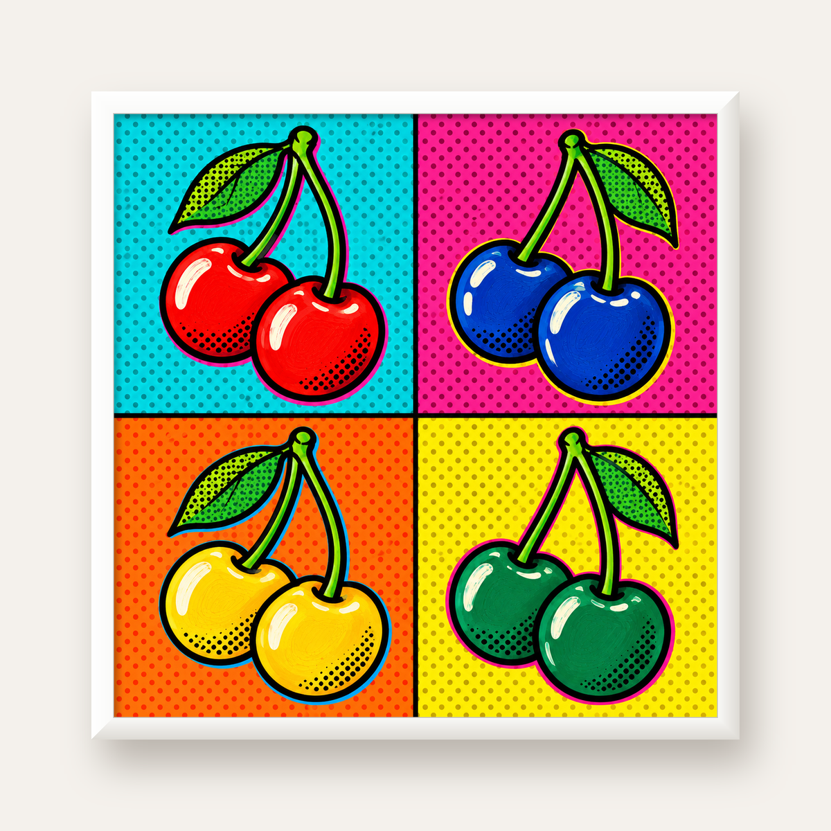 Pop Art Kiraz Poster – Renkli Çizgi Roman Tarzı Duvar Dekoru — beyaz çerçeveli kare poster