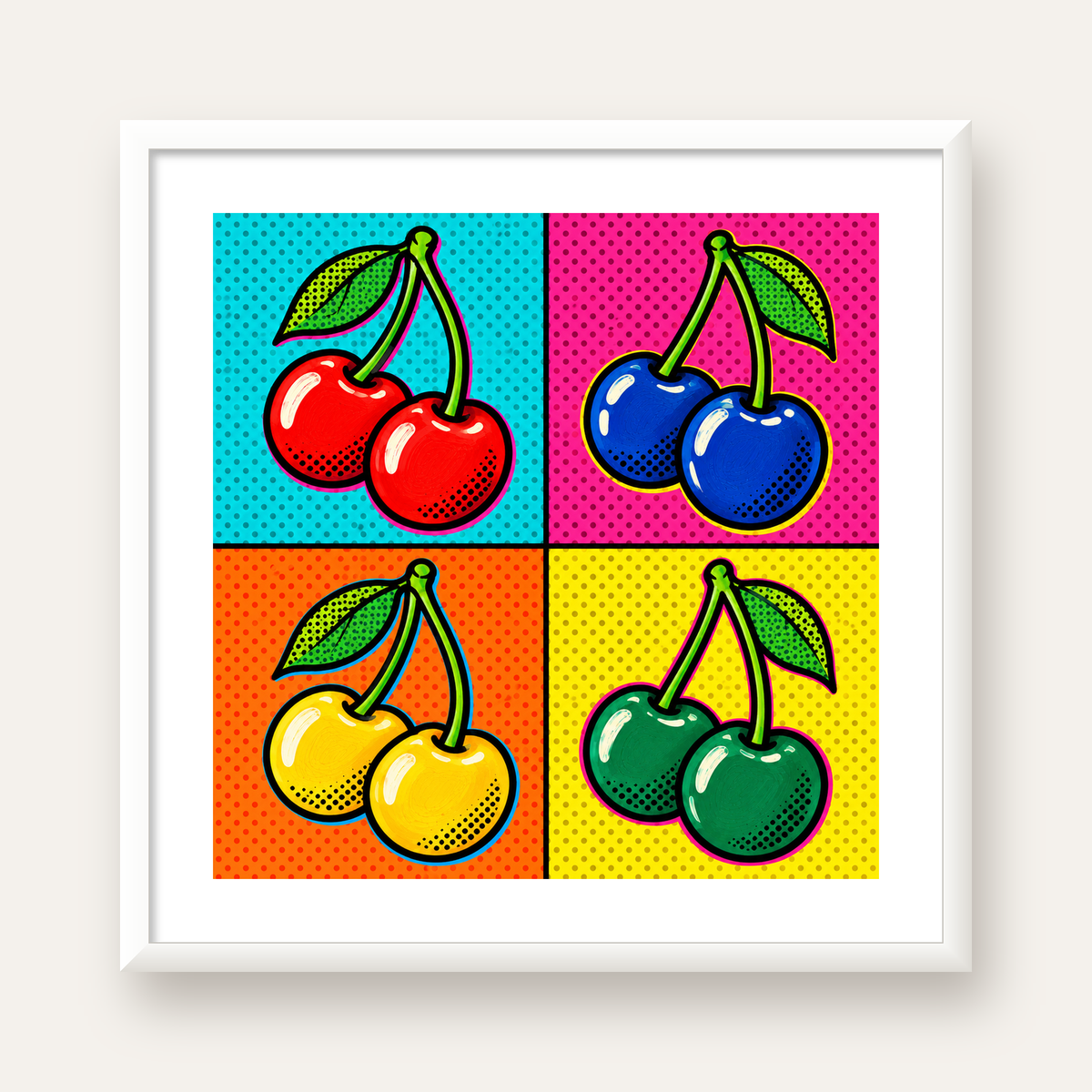 Pop Art Kiraz Poster – Renkli Çizgi Roman Tarzı Duvar Dekoru — beyaz çerçeveli kare poster