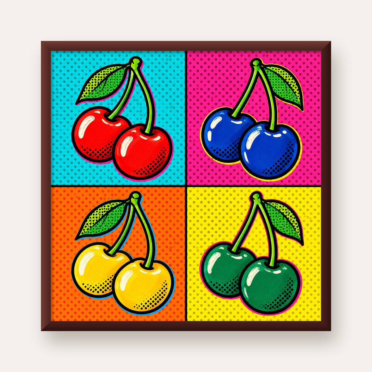 Pop Art Kiraz Poster – Renkli Çizgi Roman Tarzı Duvar Dekoru — ceviz çerçeveli
